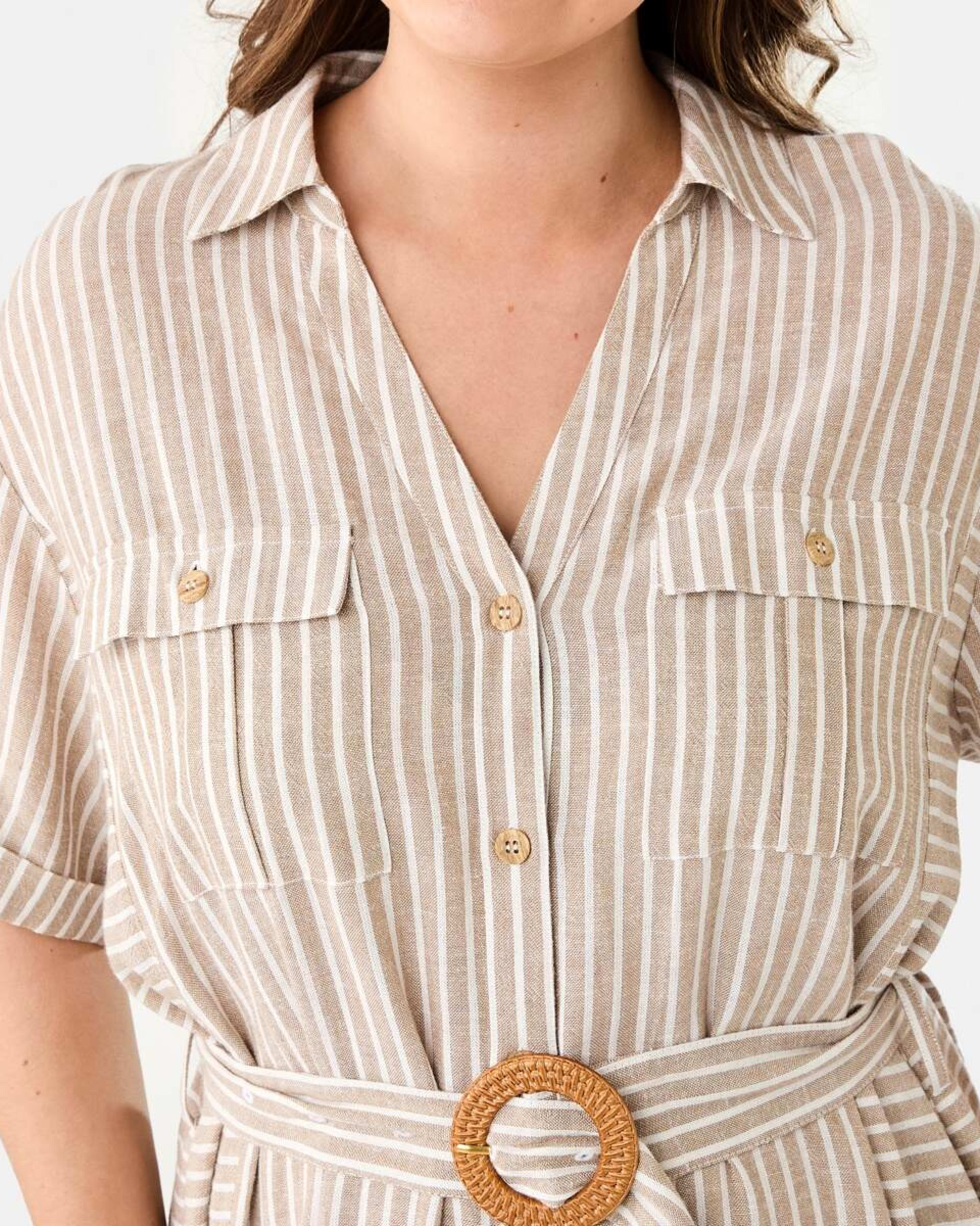 6 Short Sleeve Utility Shirt Midi Dress RESORT STRIPE DUNE BEIGE, 6 of 9