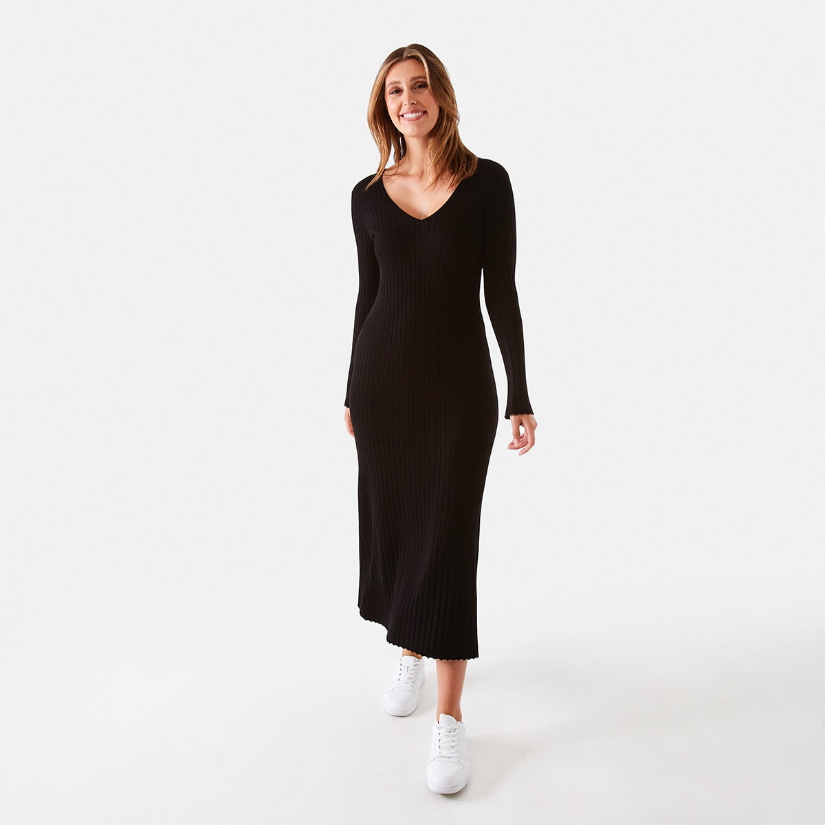 Long Sleeve V Neck Ribbed Maxi Dress