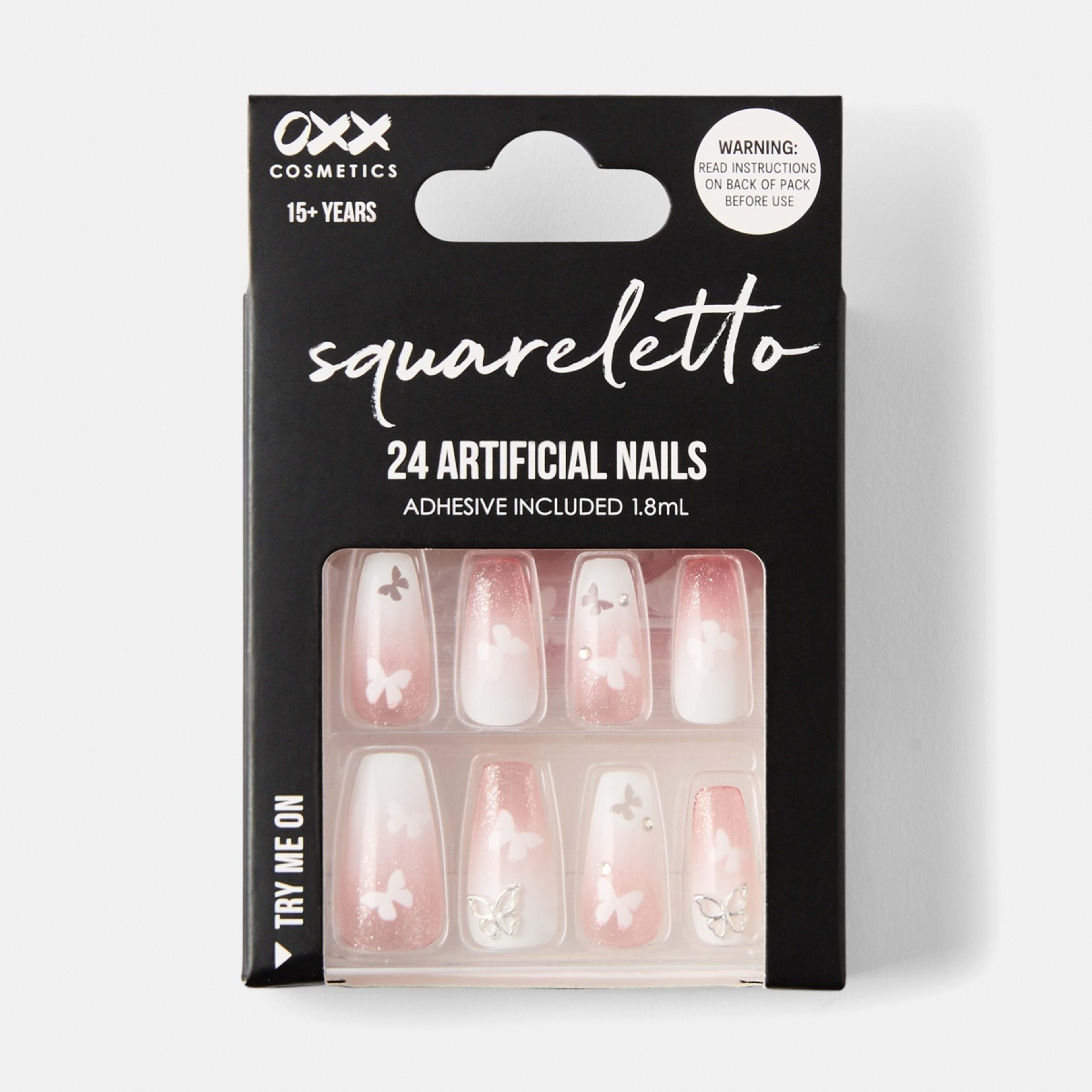 1 OXX Cosmetics 24 Pack Artificial Nails with Adhesive - Squareletto Shape, Butterfly