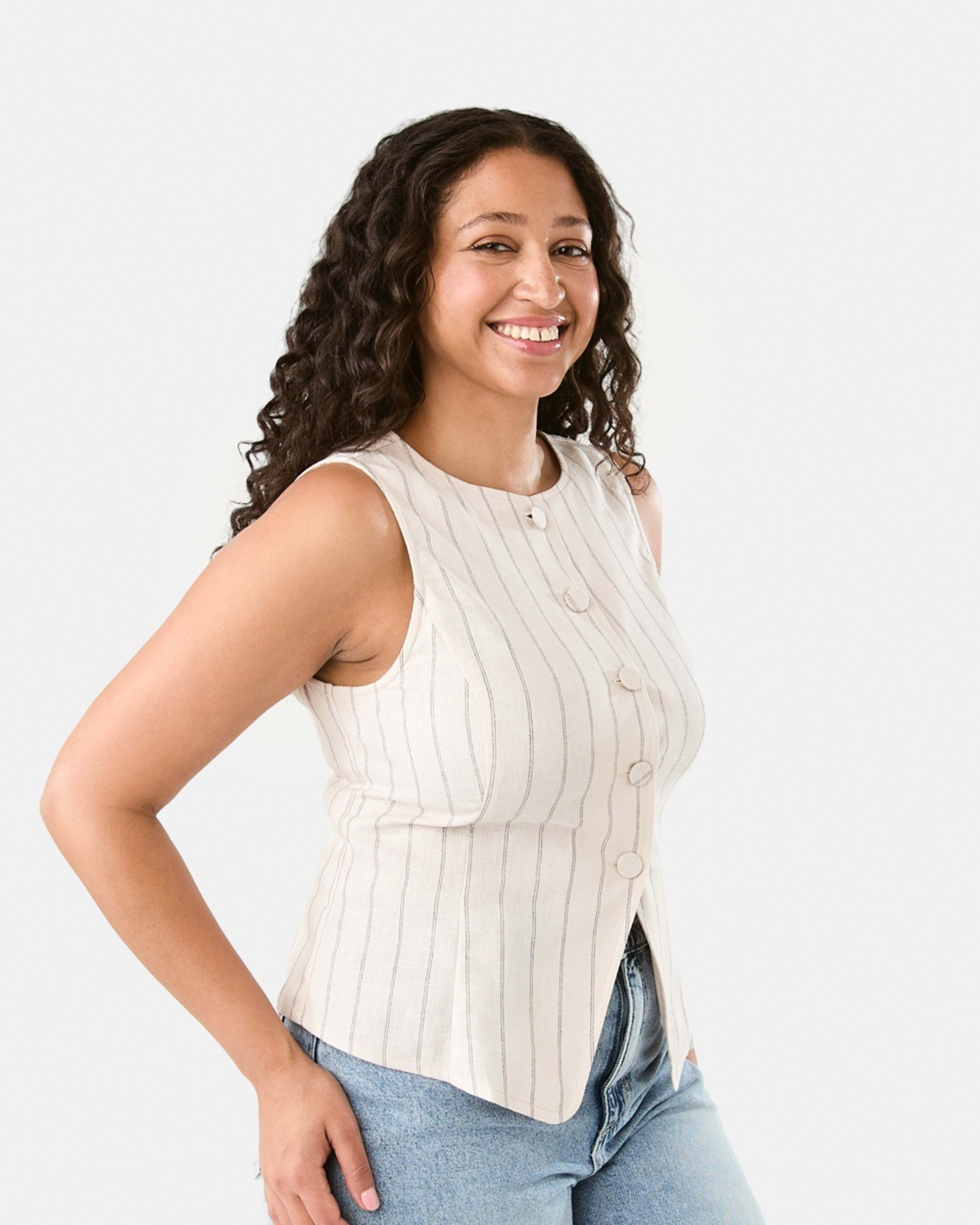 2 Sleeveless Crew Neck Linen Blend Waistcoat Dot Stripe, 2 of 6