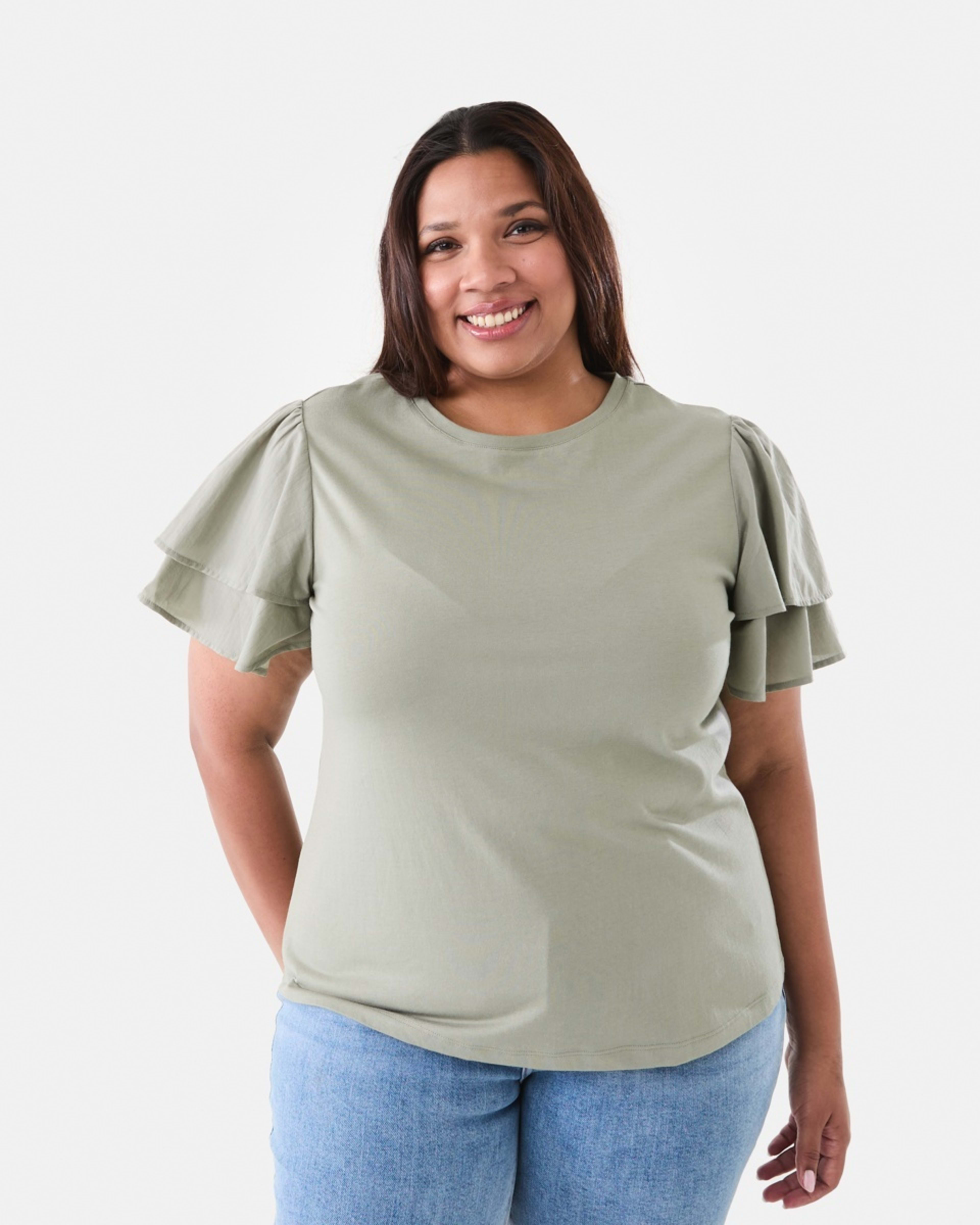 1 Curve Short Woven Sleeve Knit Top Soft Khaki