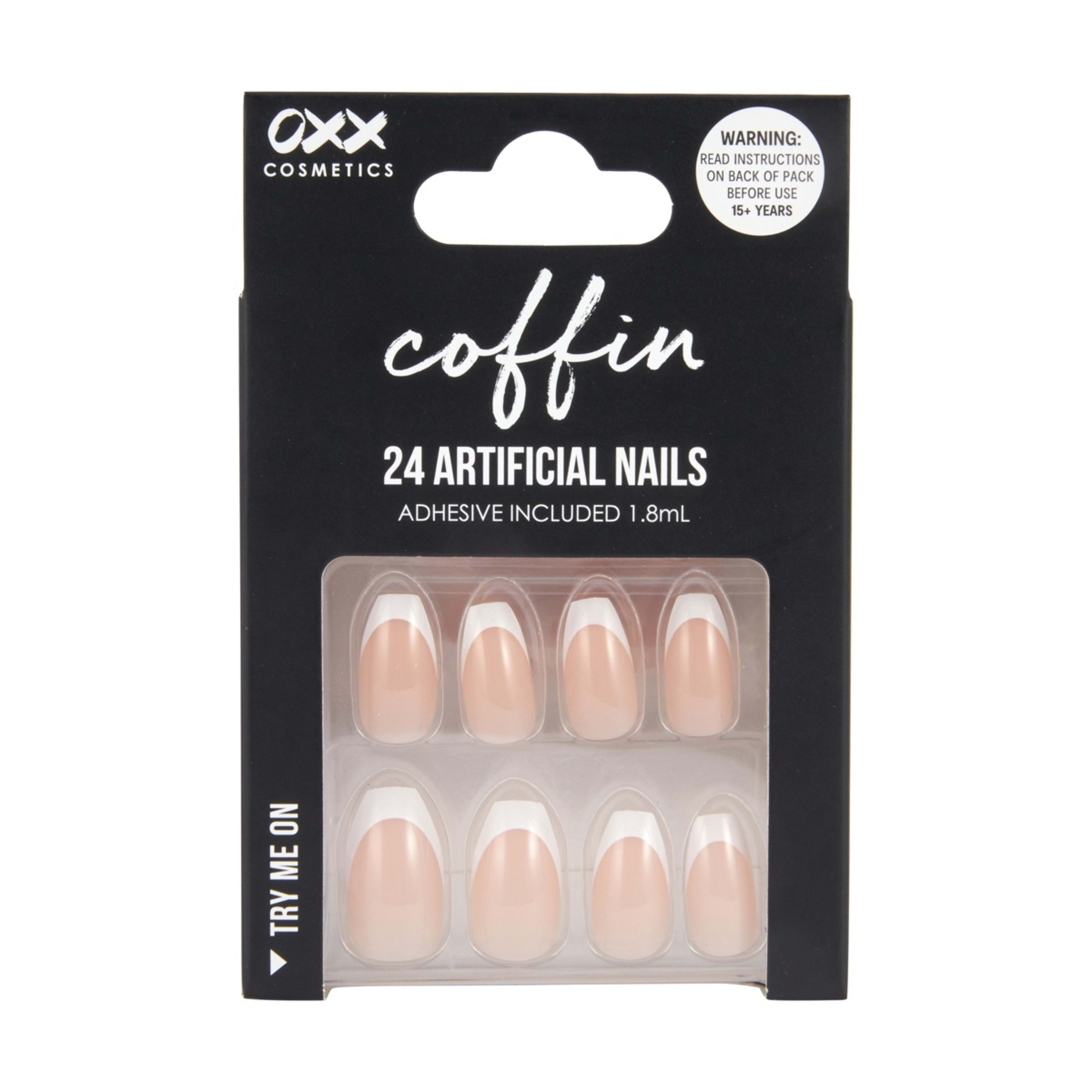 1 OXX Cosmetics 24 Pack Artificial Nails with Adhesive - Coffin Shape, French Tip