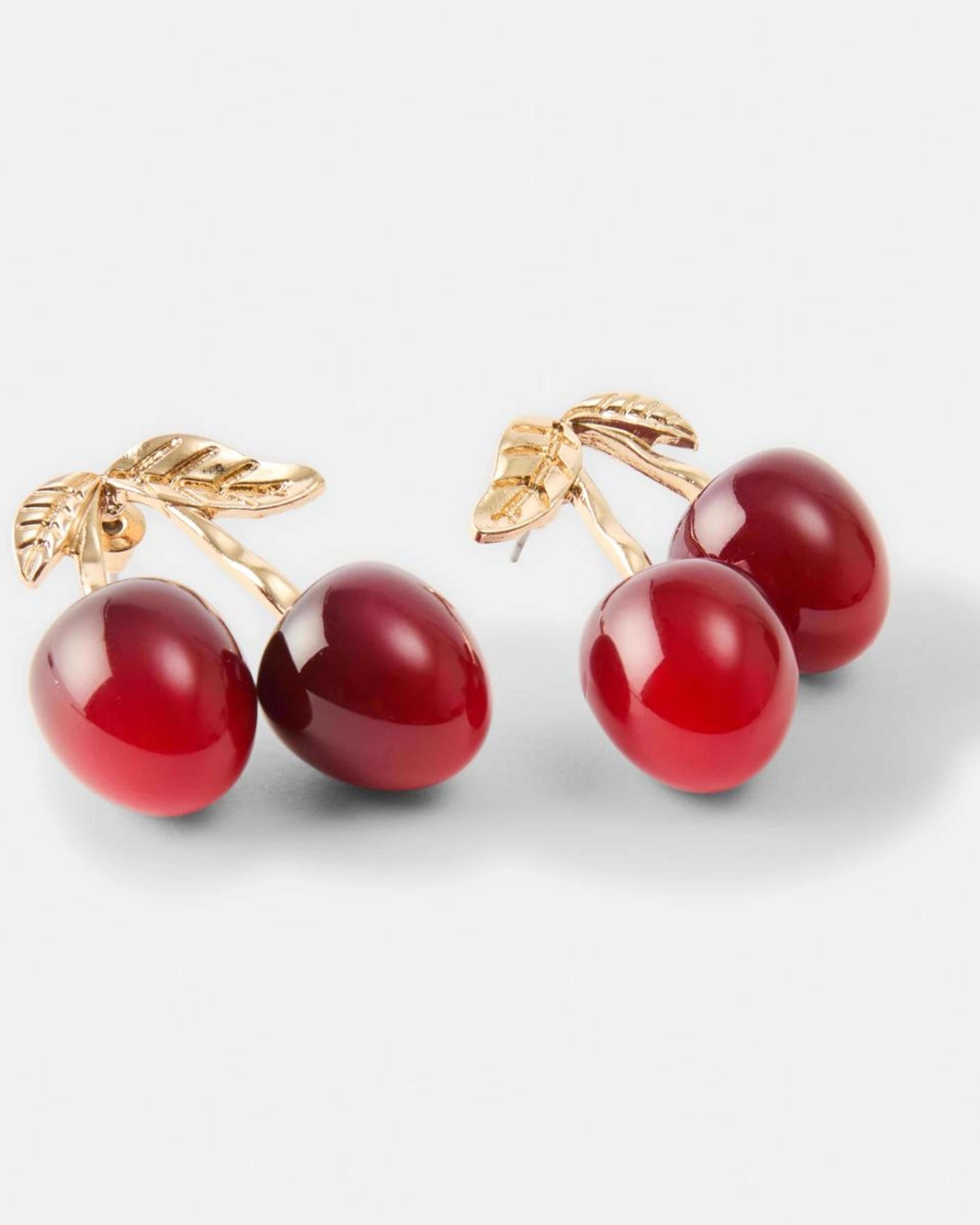 2 3D Cherry Stud Earrings - Red and Gold Tone BURGUNDY CHERRY, 2 of 5