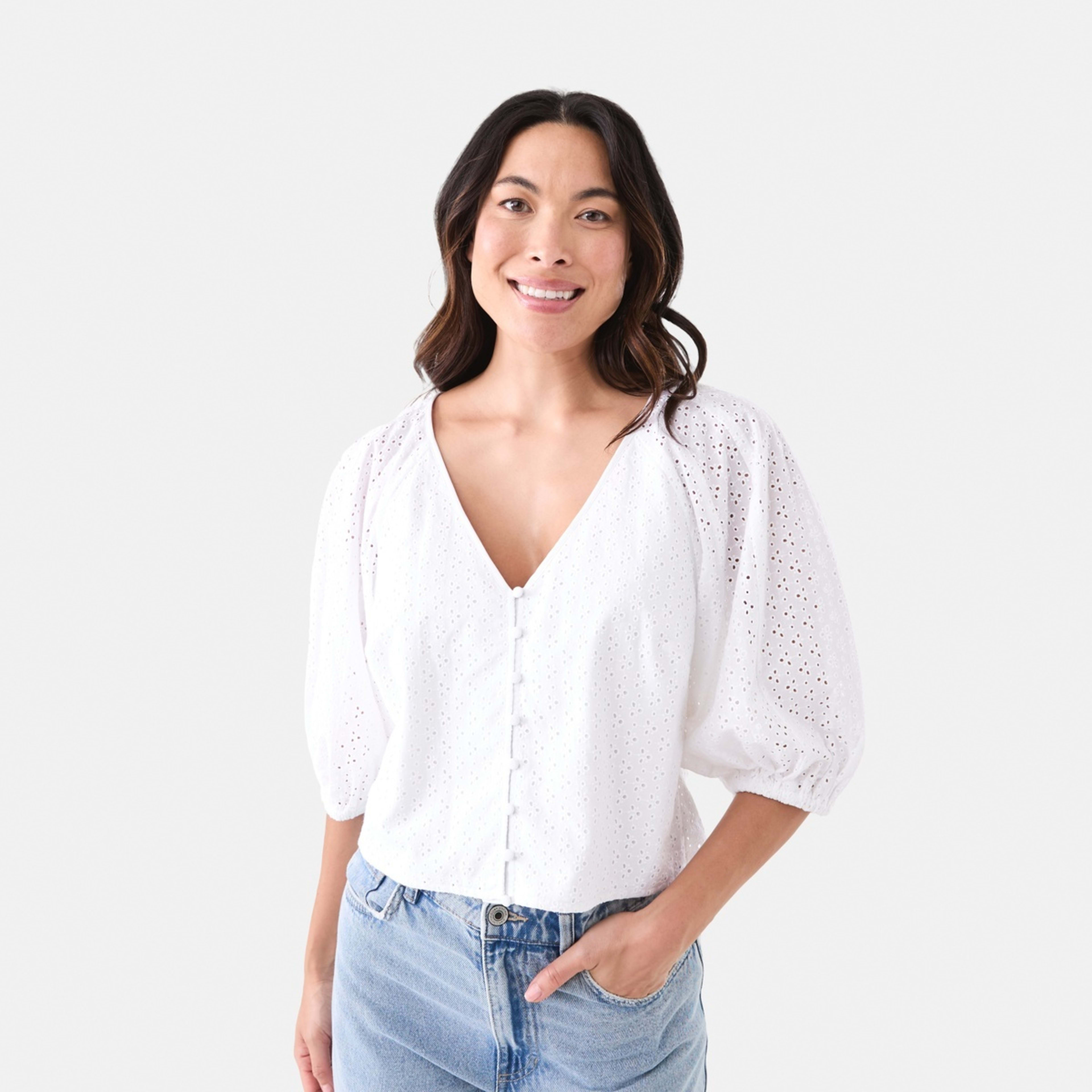 1 Short Sleeve Broderie Button Front Top White, 1 of 6