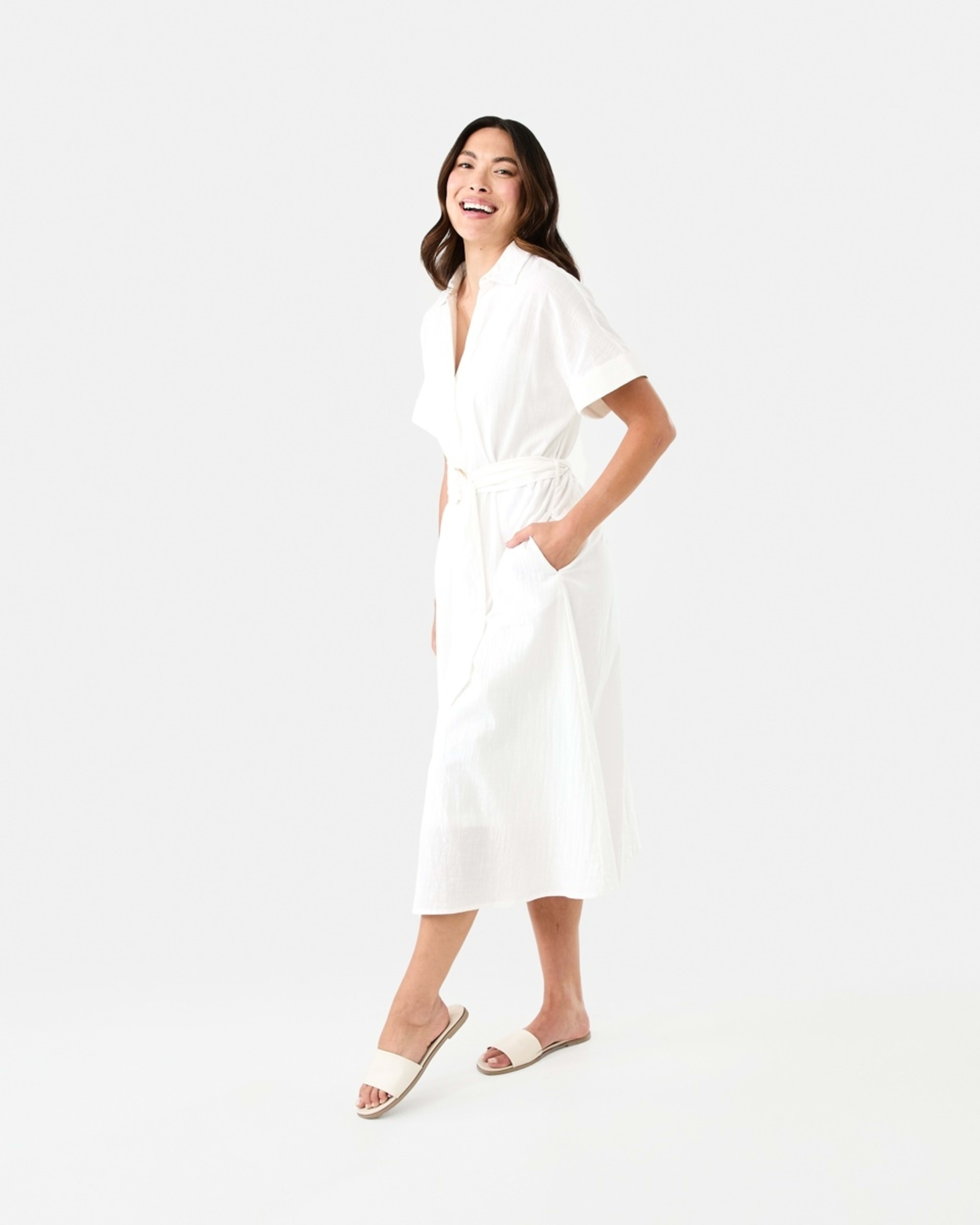 2 Short Sleeve Belted Midi Dress White, 2 of 9