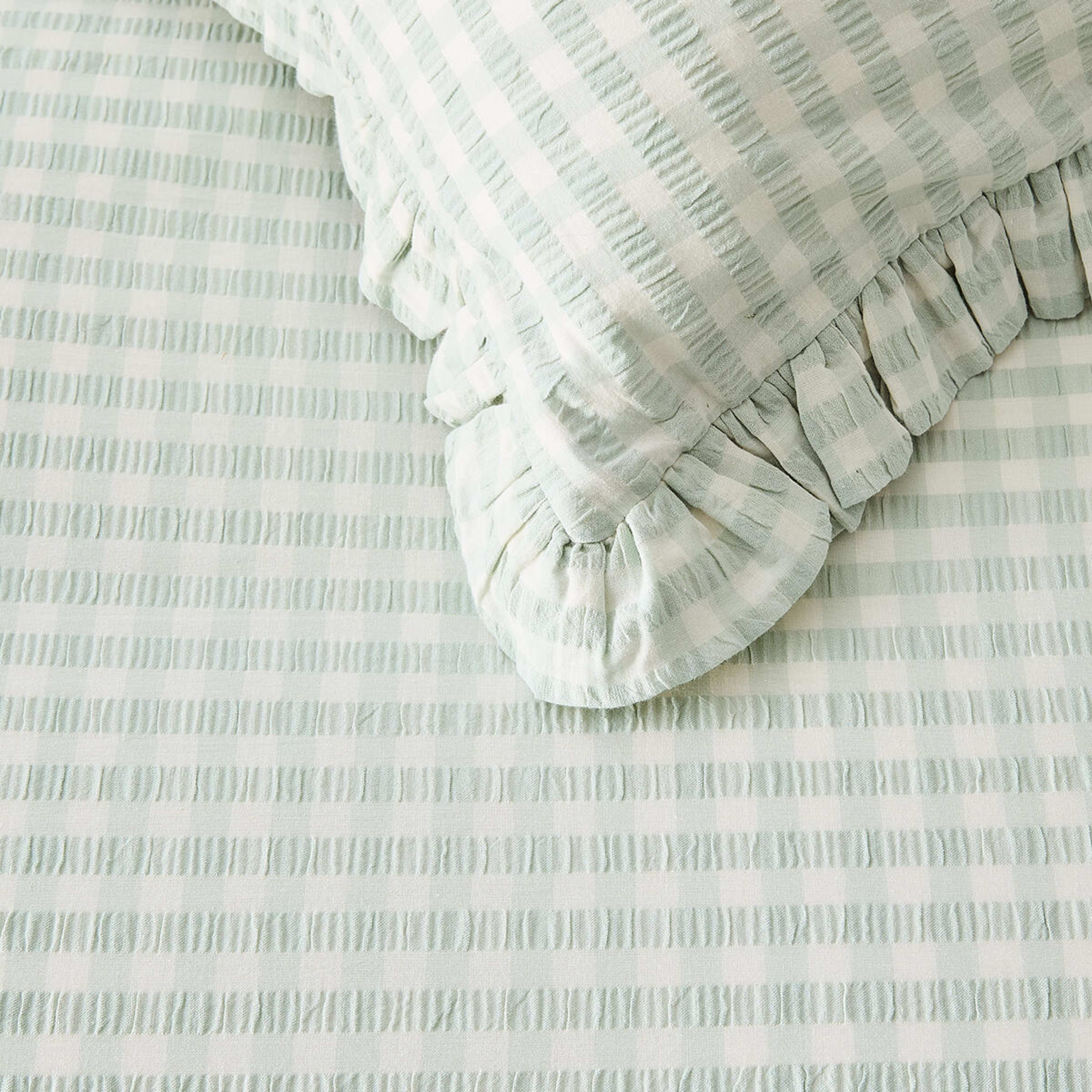 3 Gingham Ruffle Cotton Quilt Cover Set - Queen Bed, Sage, 3 of 6