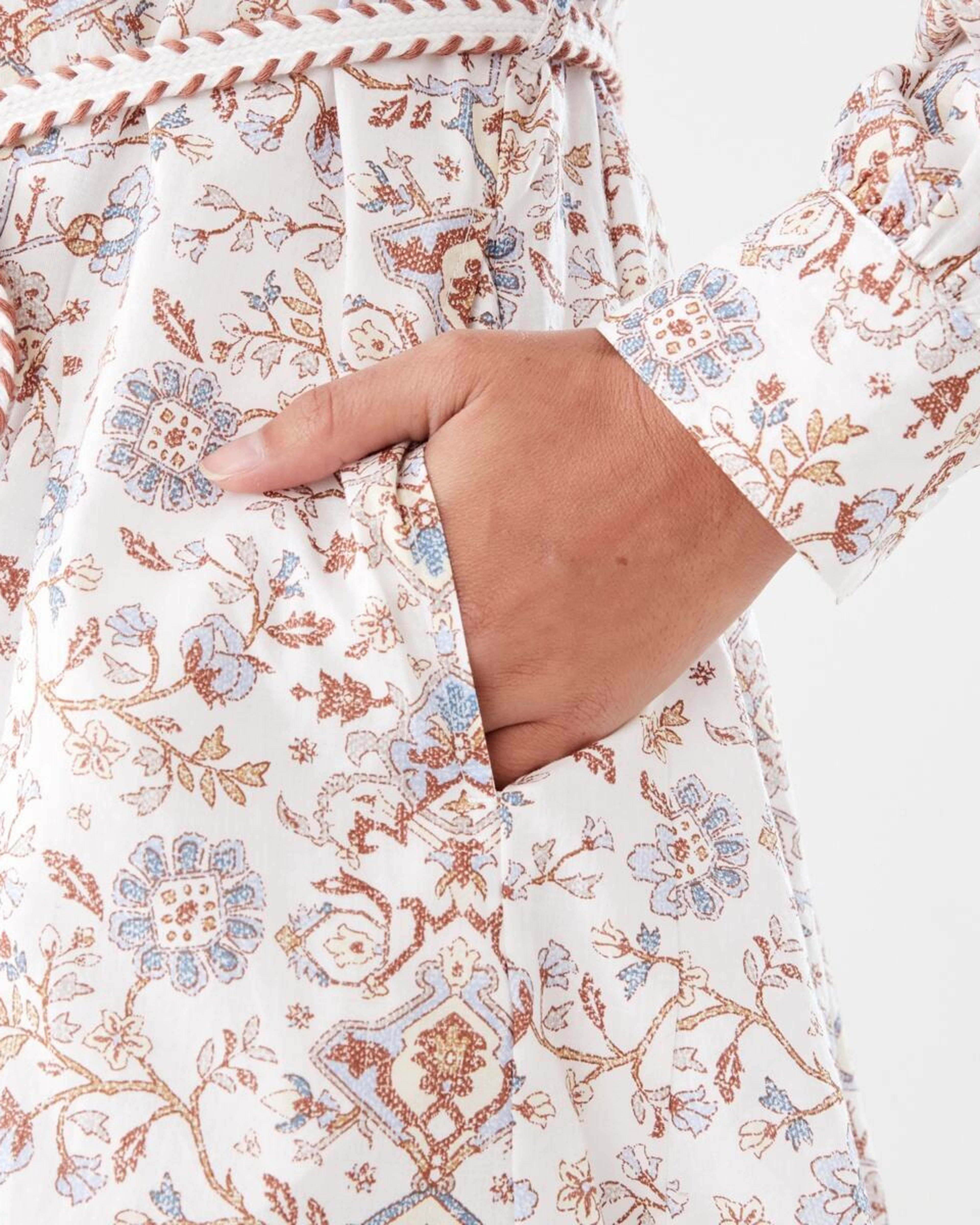 7 Long Balloon Sleeve Tie Waist Mini Dress BOHO FLORAL BRUNI BLUE, 7 of 8