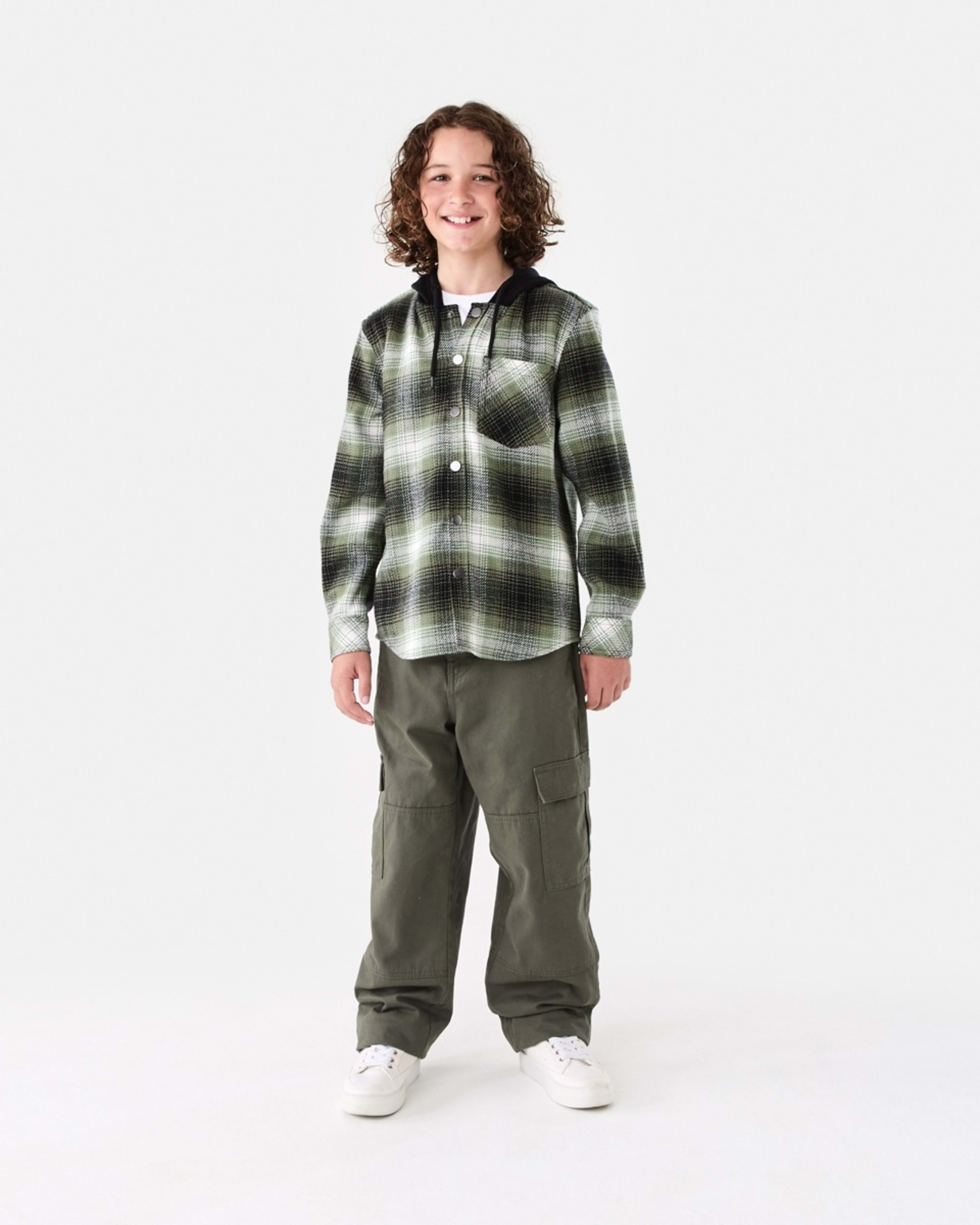 7 Long Sleeve Hooded Flannel Shirt Grn Check, 7 of 8
