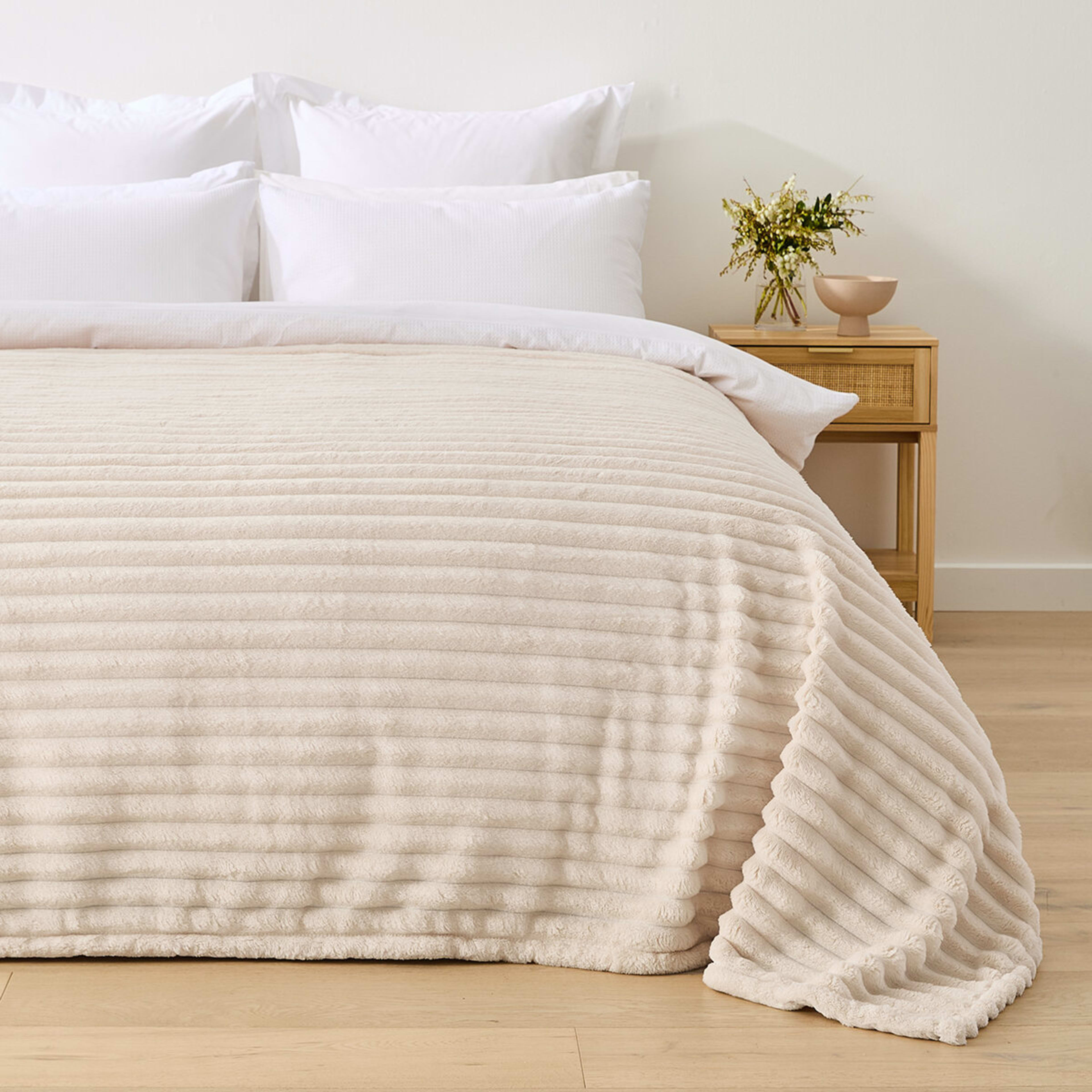 1 Plush Ribbed Blanket - Double/Queen Bed, Ivory, 1 of 6