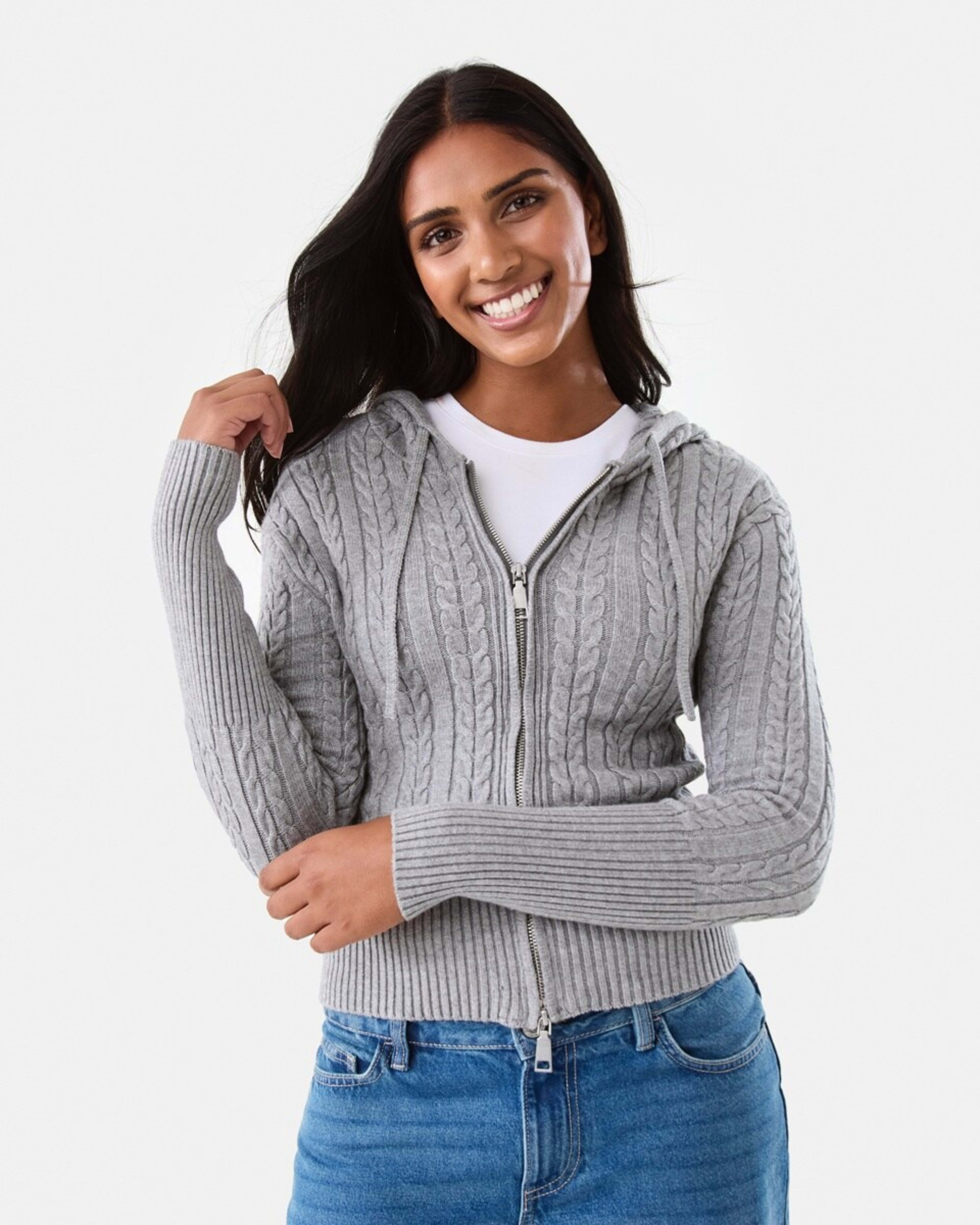 1 Zip Through Cable Cardigan Grey Marle, 1 of 8