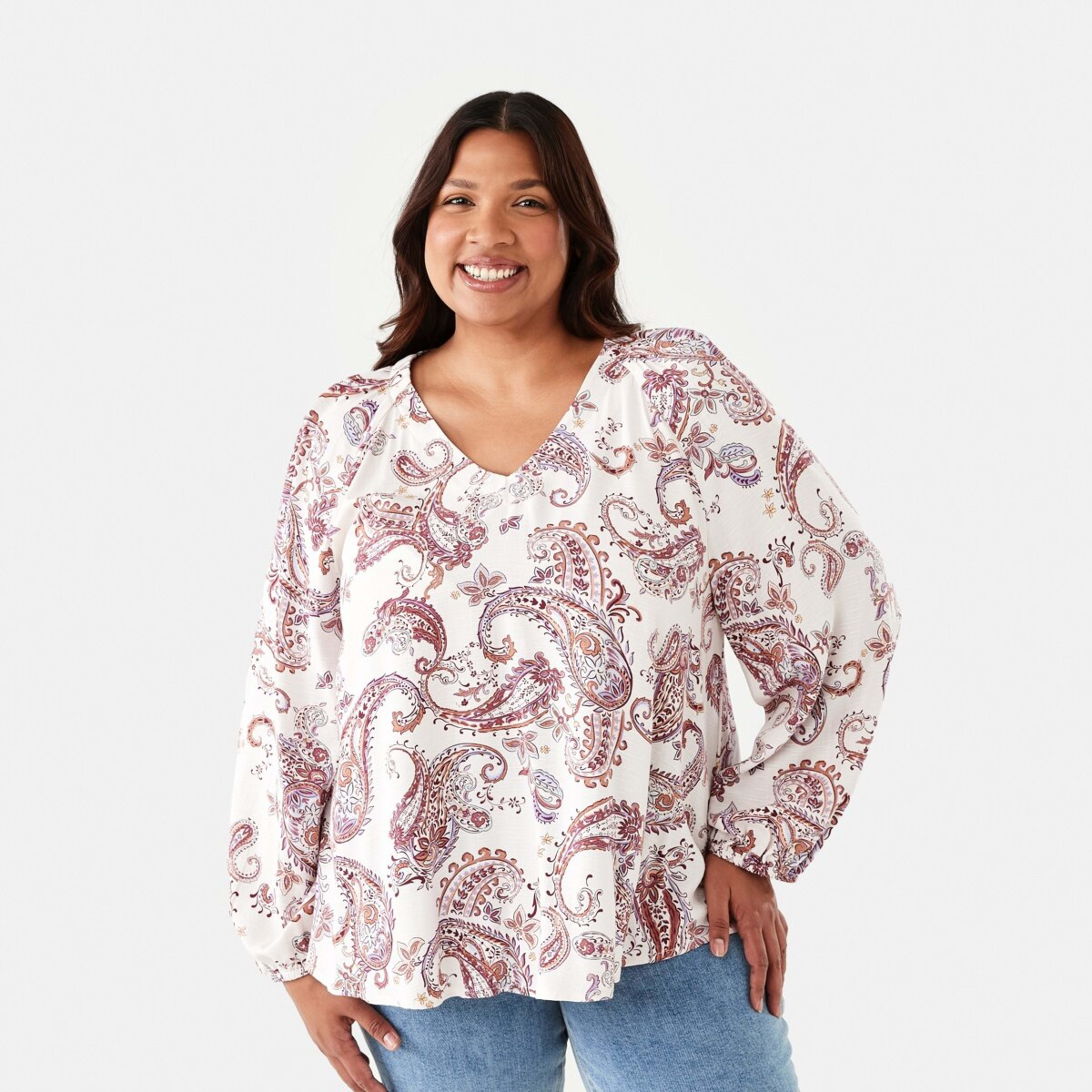 1 Curve Long Sleeve Gathered Blouse Paisley Vintage Burgundy, 1 of 6