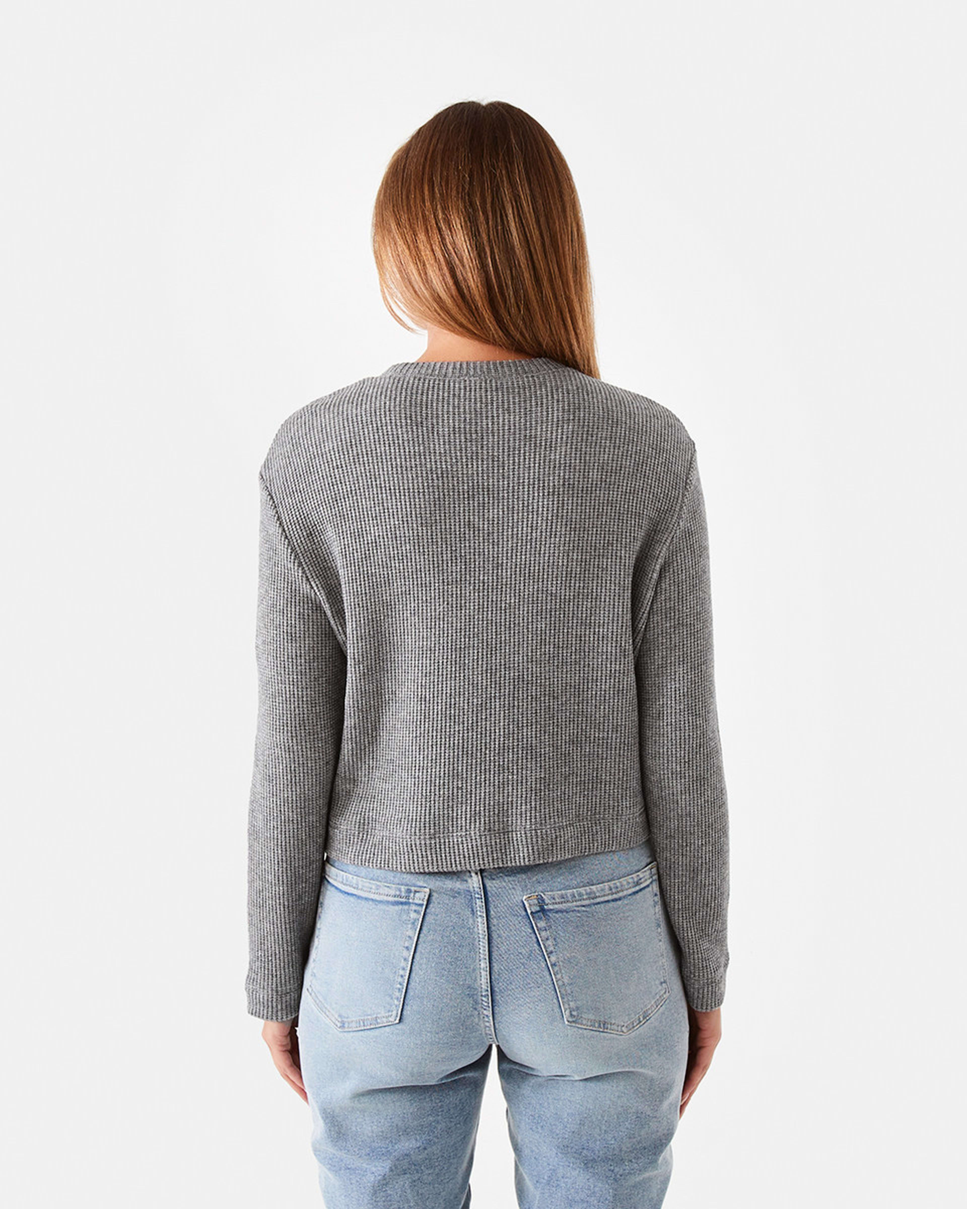 3 Long Sleeve Waffle Crew Neck Crop Top Grey Marl, 3 of 6