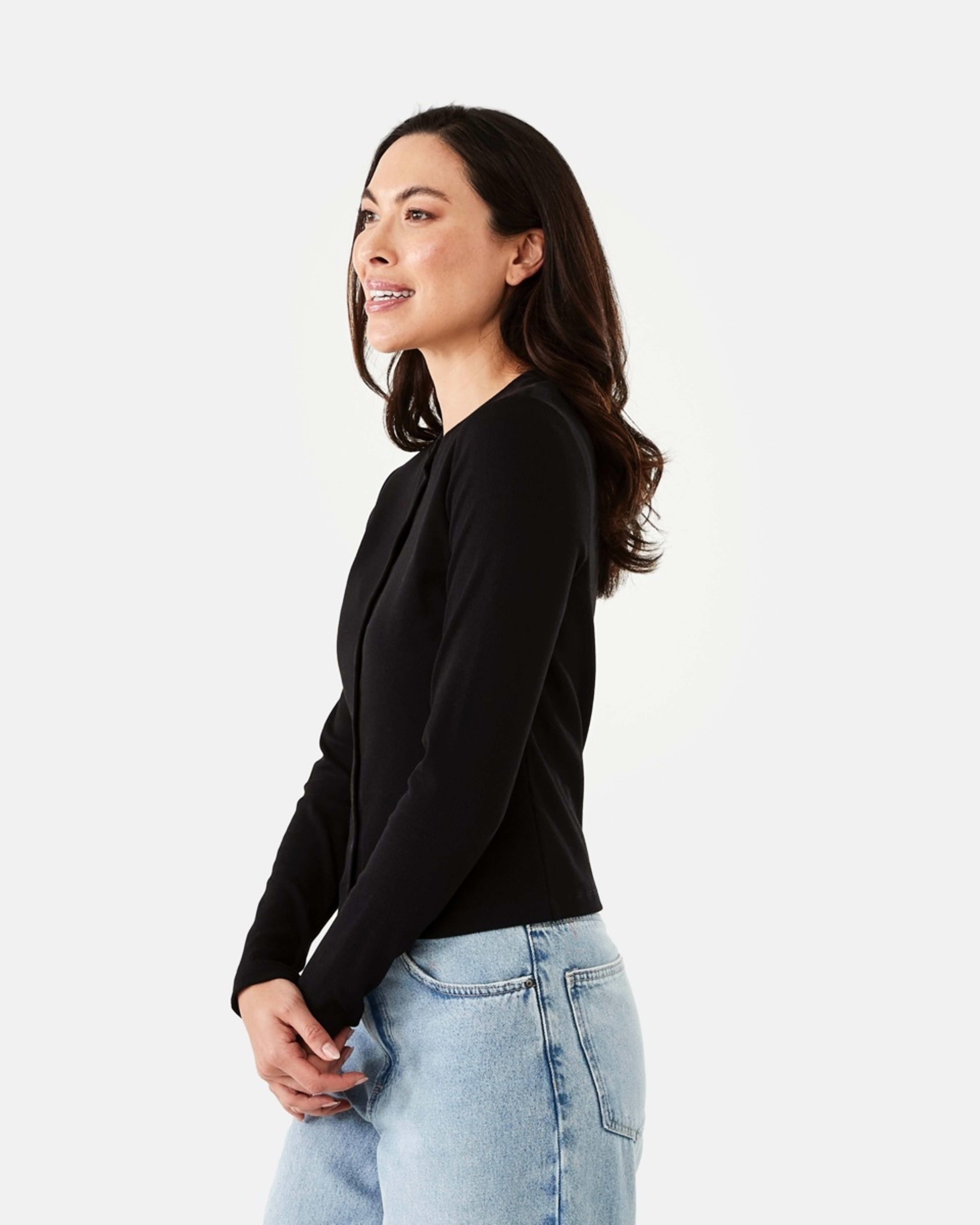 3 Long Sleeve Rib Button Front Top Black, 3 of 7