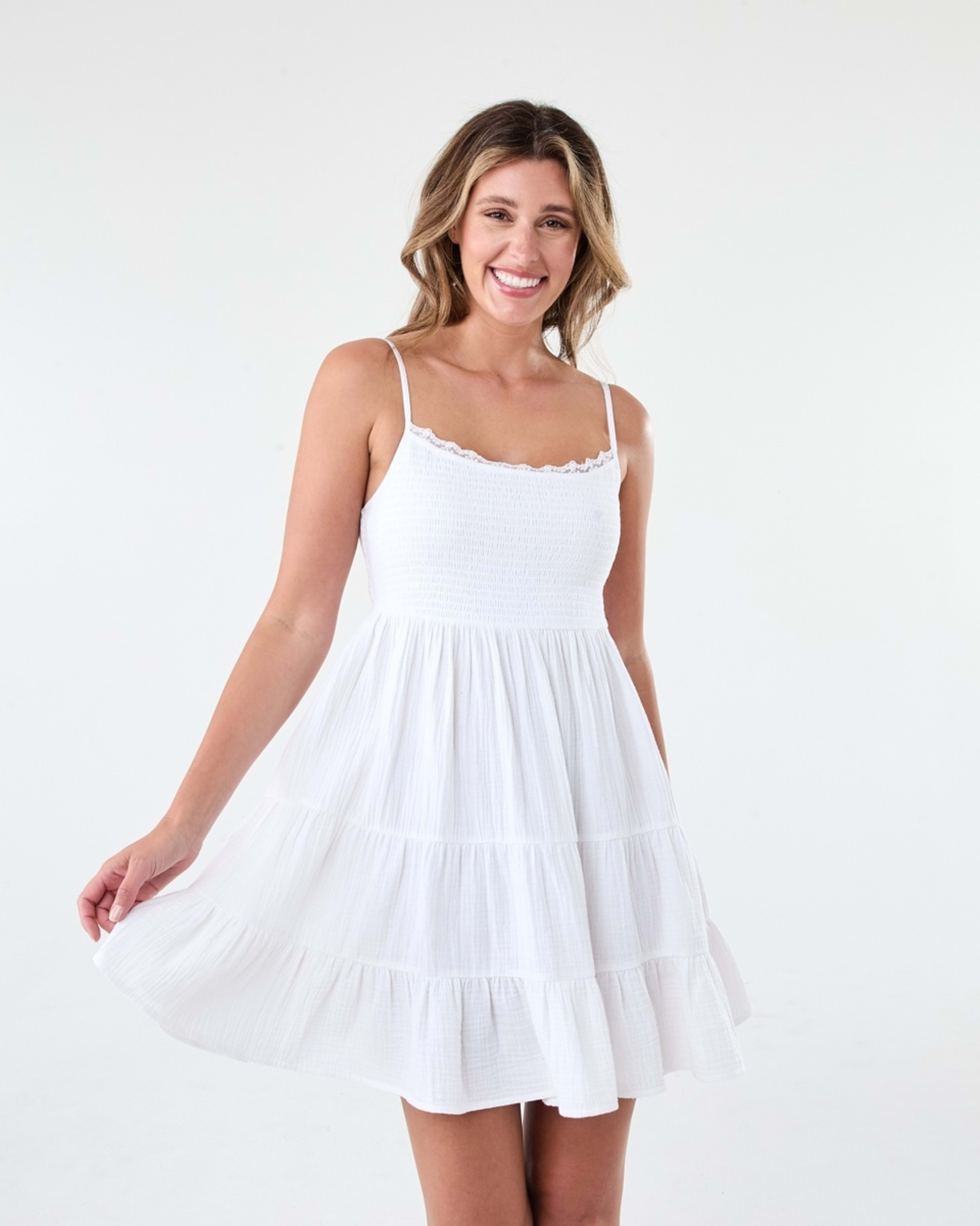 1 Sleeveless Lace Double Cloth Mini Dress White, 1 of 8