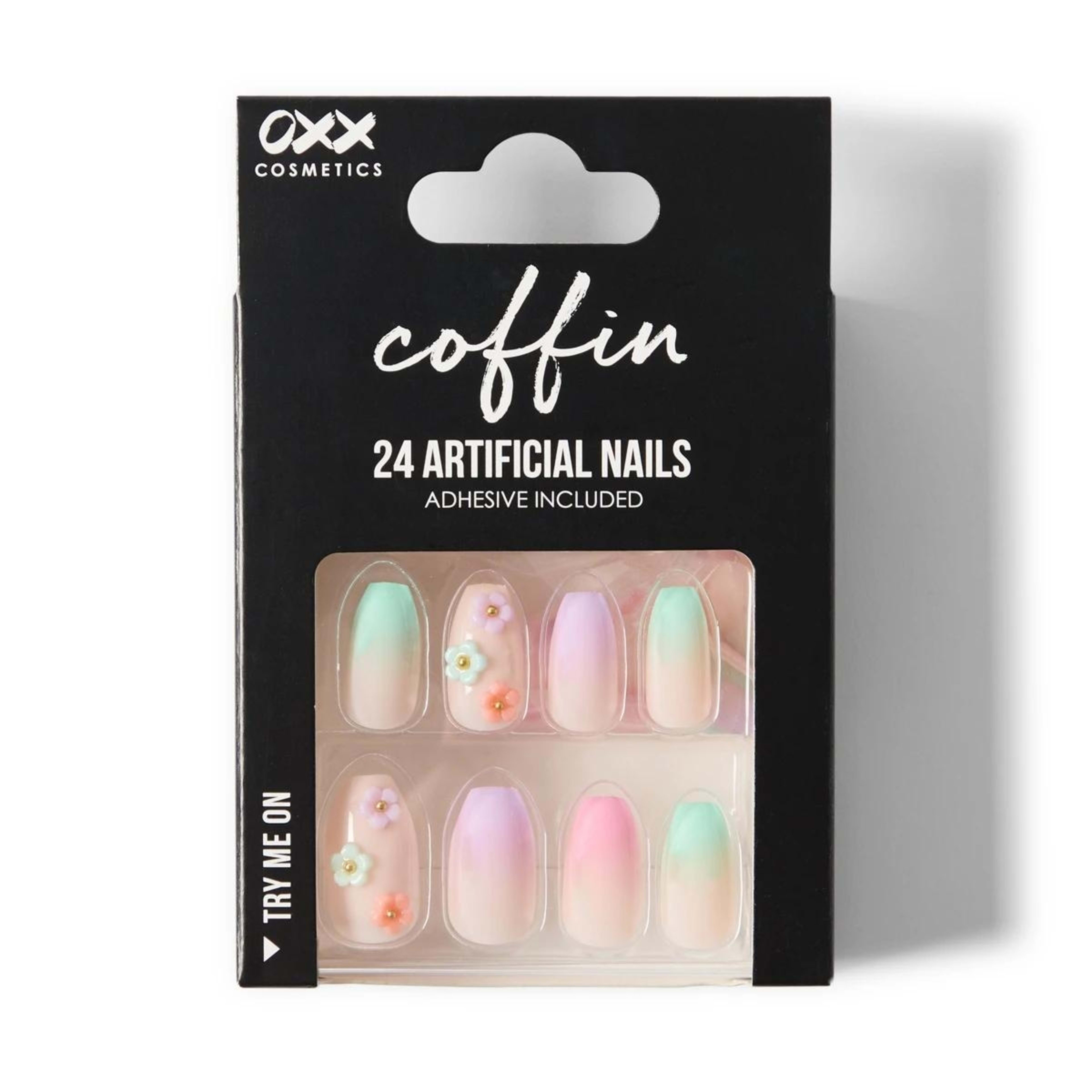1 OXX Cosmetics 24 Pack Artificial Nails with Adhesive - Coffin Shape, Ombre 3D Floral, 1 of 5
