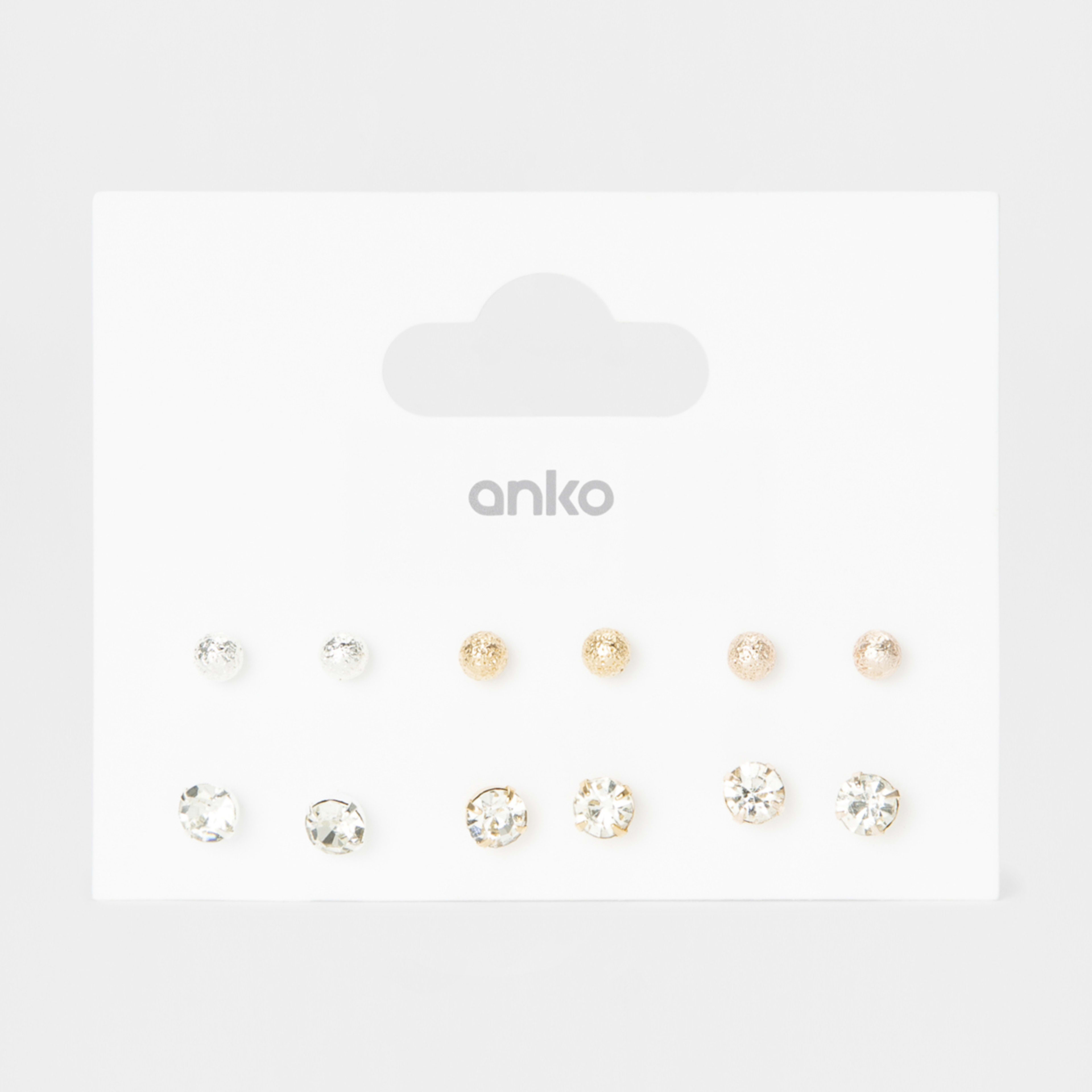 6 Pack Diamante and Beaten Stud Earrings Kmart