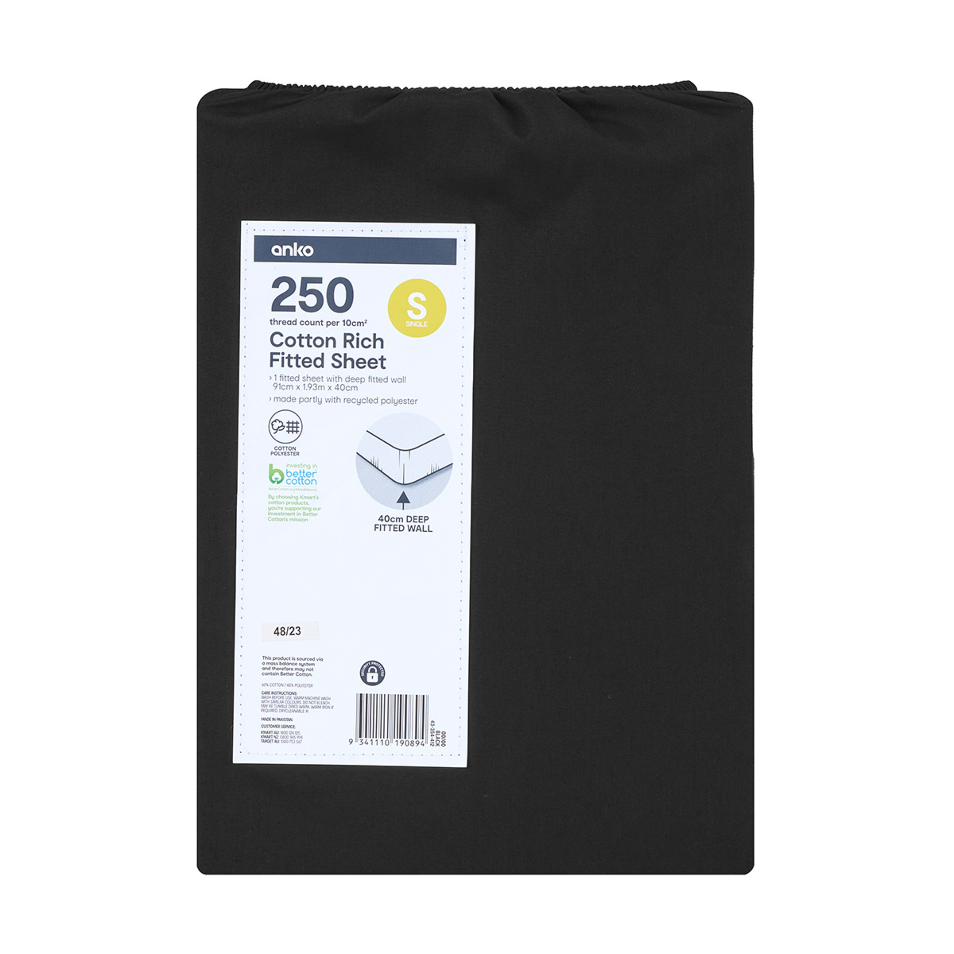 250 Thread Count Cotton Rich Fitted Sheet Single Bed, Black Kmart