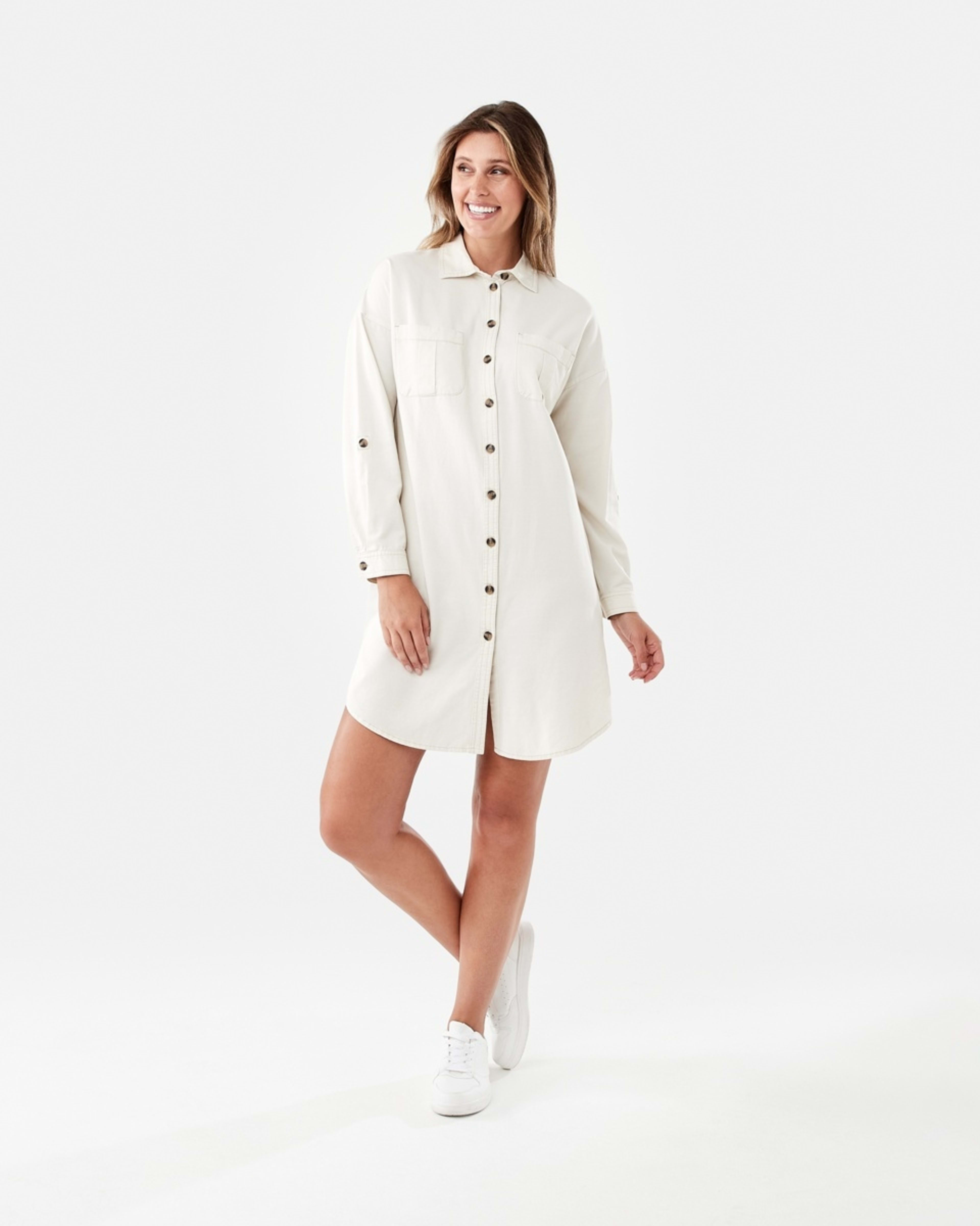 9 Long Sleeve Shift Shirt Mini Dress Bge Cream, 9 of 9
