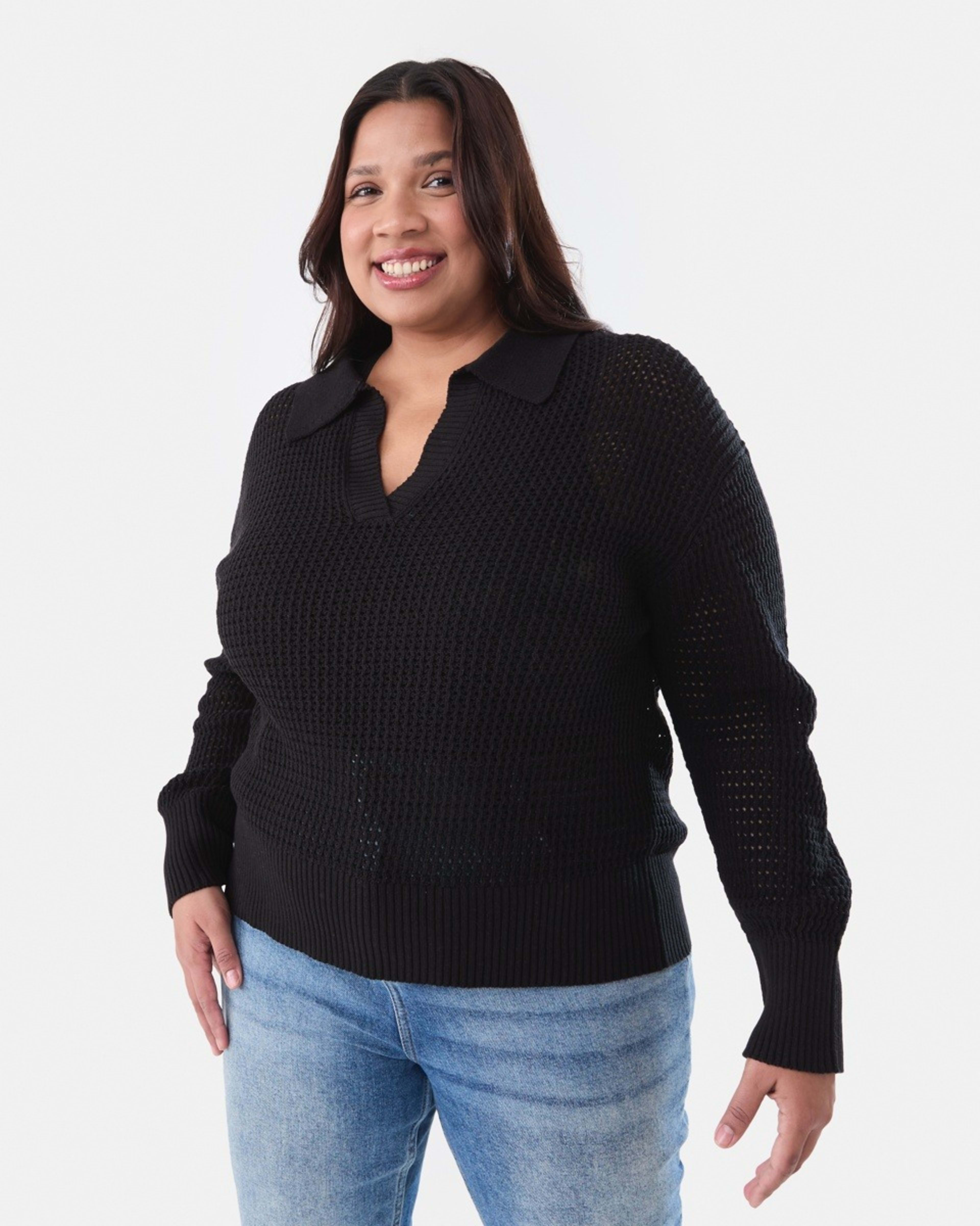 1 Curve Crochet Knit Polo Jumper BLACK