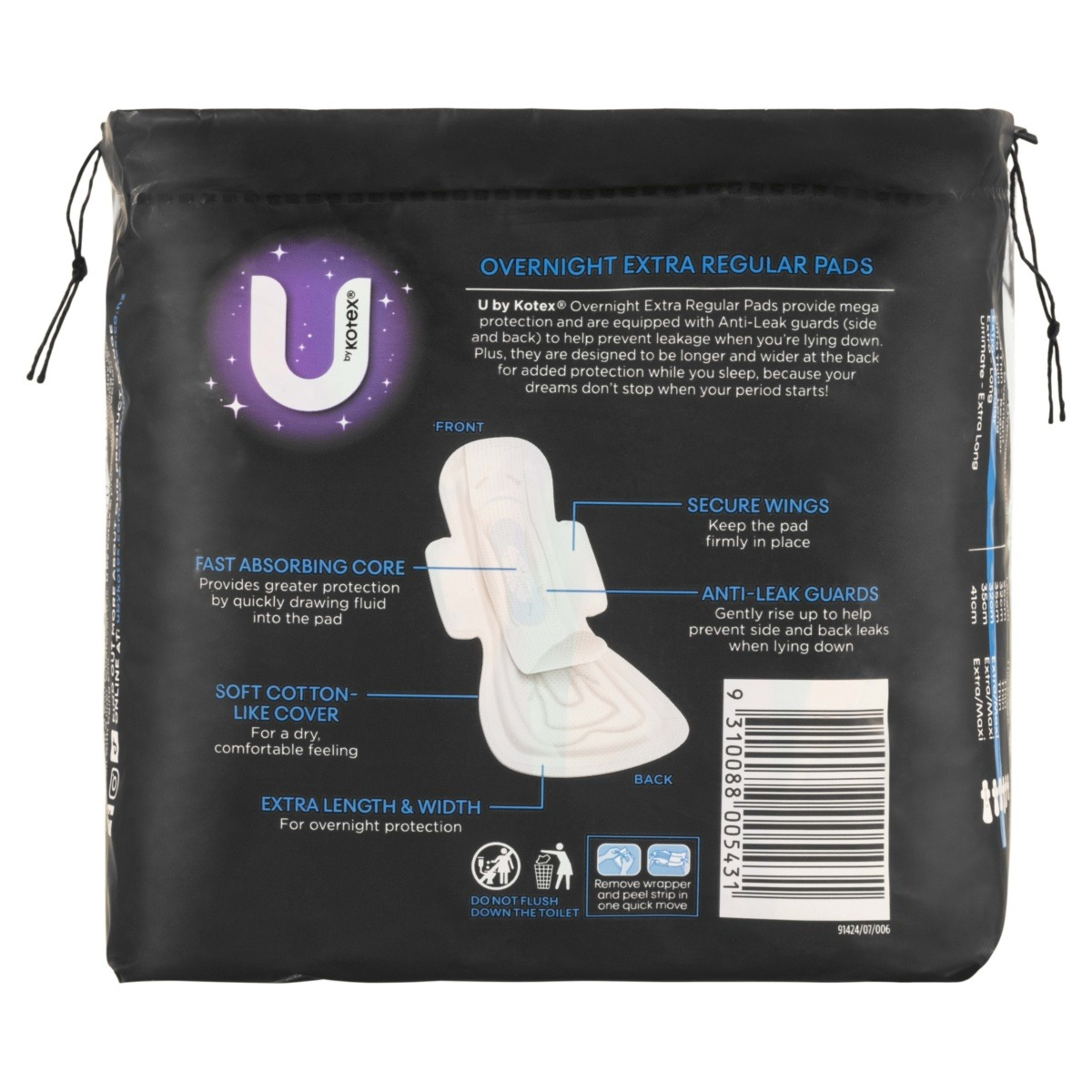 10 U by Kotex 10 Pack Extra Overnight Pads with Wings, 10 of 10