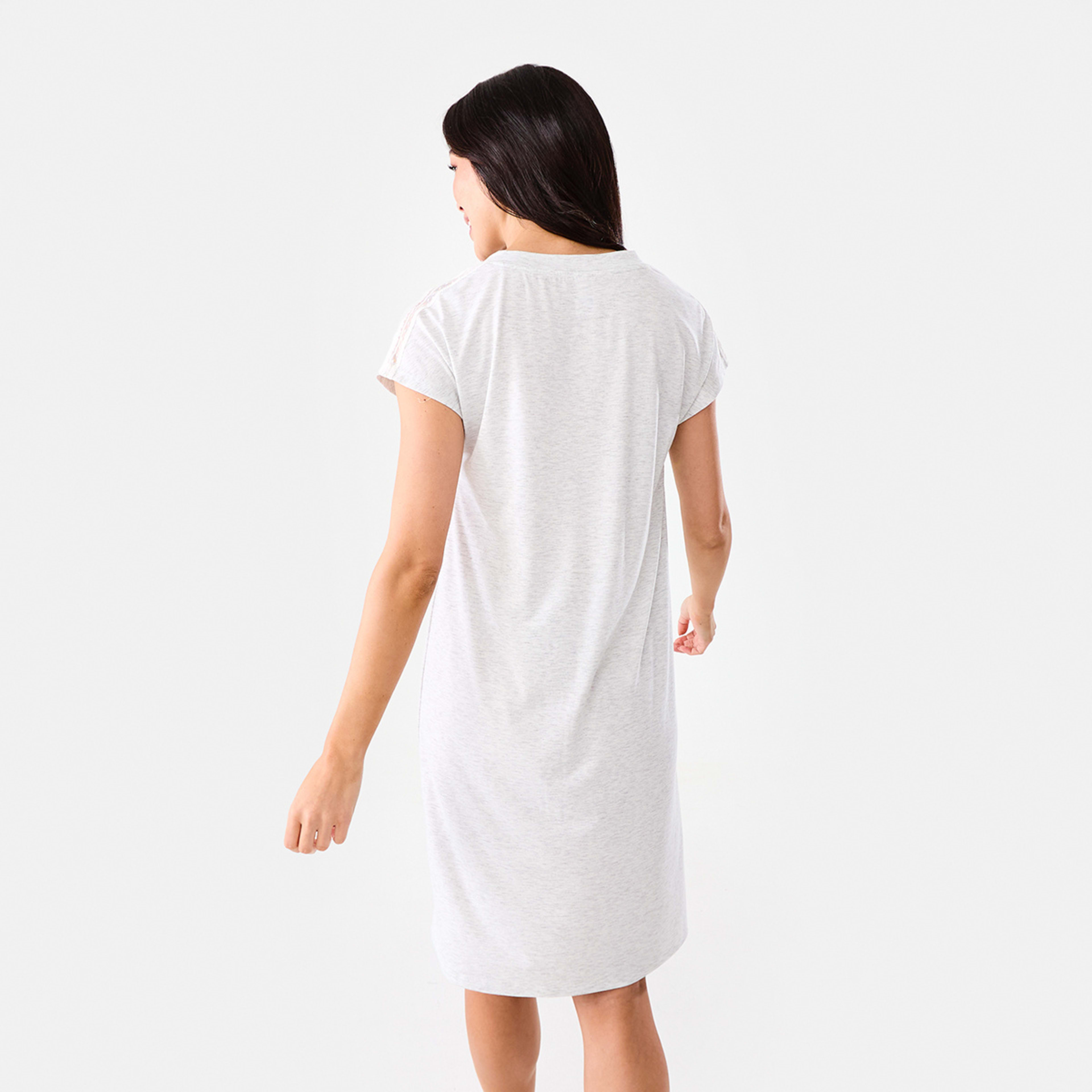 3 Short Sleeve Lace Trim Comfort Nightie Wht Marle, 3 of 6