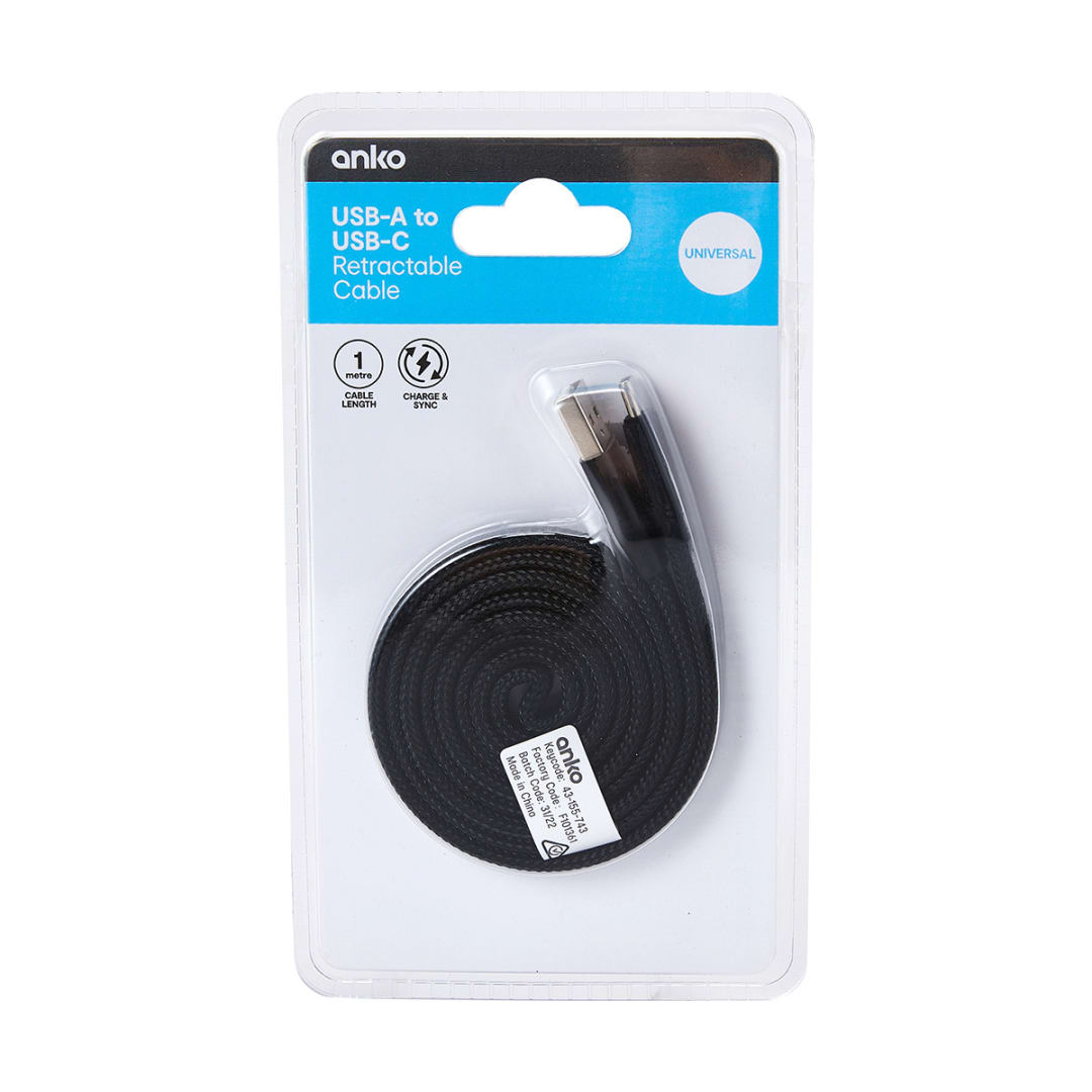USBA to USBC Retractable Universal Cable 1m Kmart