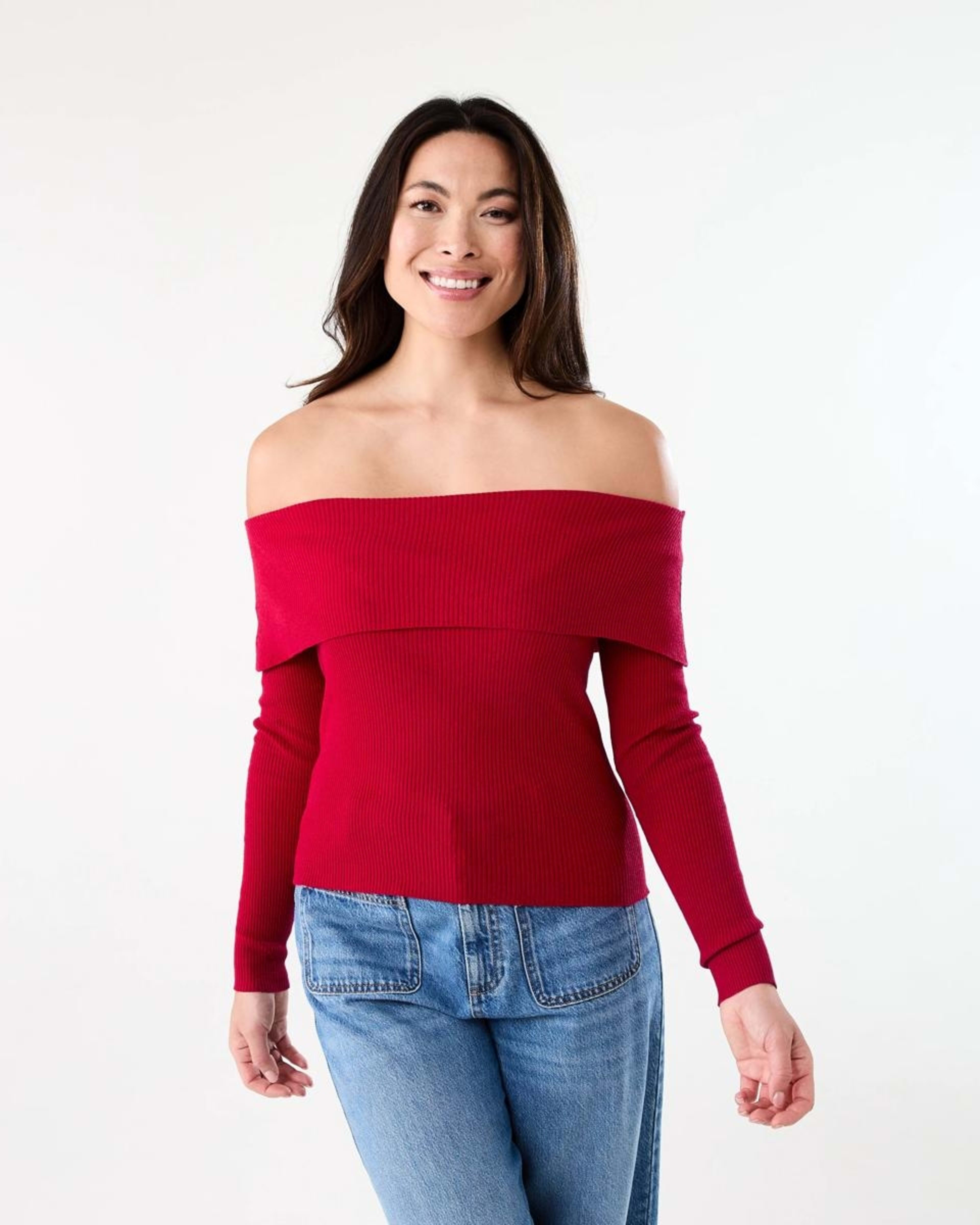 1 Long Sleeve Off Shoulder Top Cherry Red, 1 of 6
