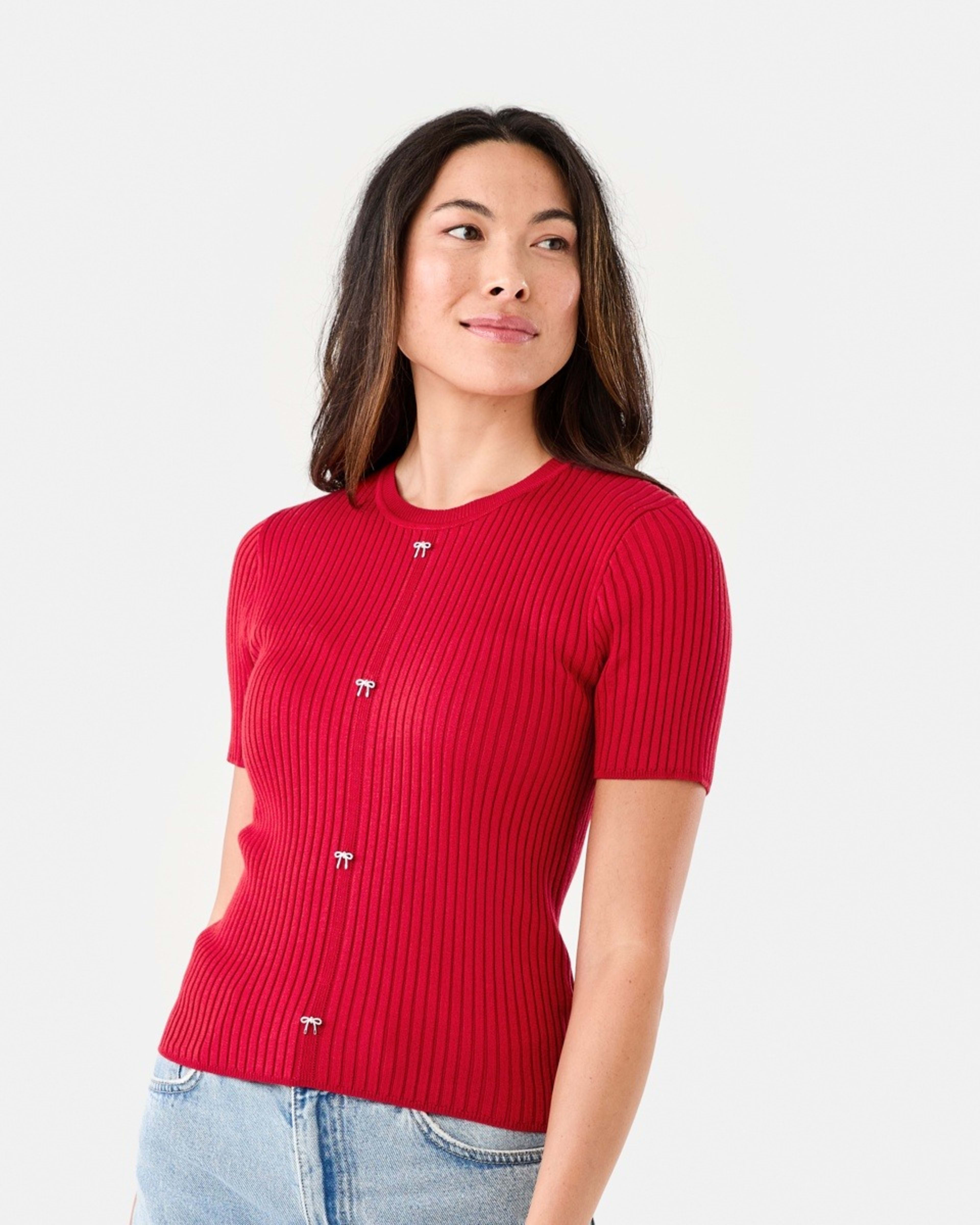 1 Short Sleeve Crew Neck Trim Top Cherry Red