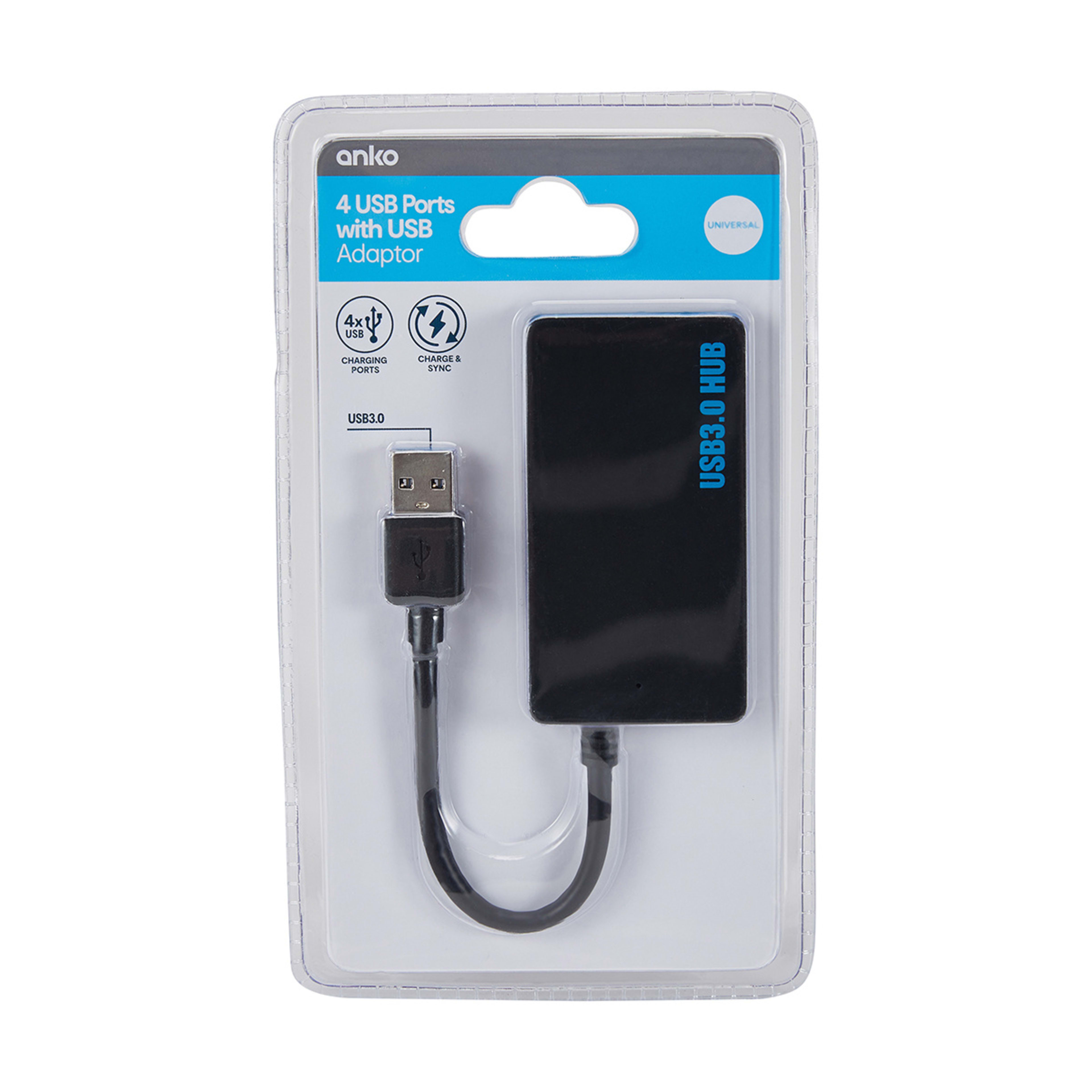 4 USB Ports with USB Adaptor Black Kmart