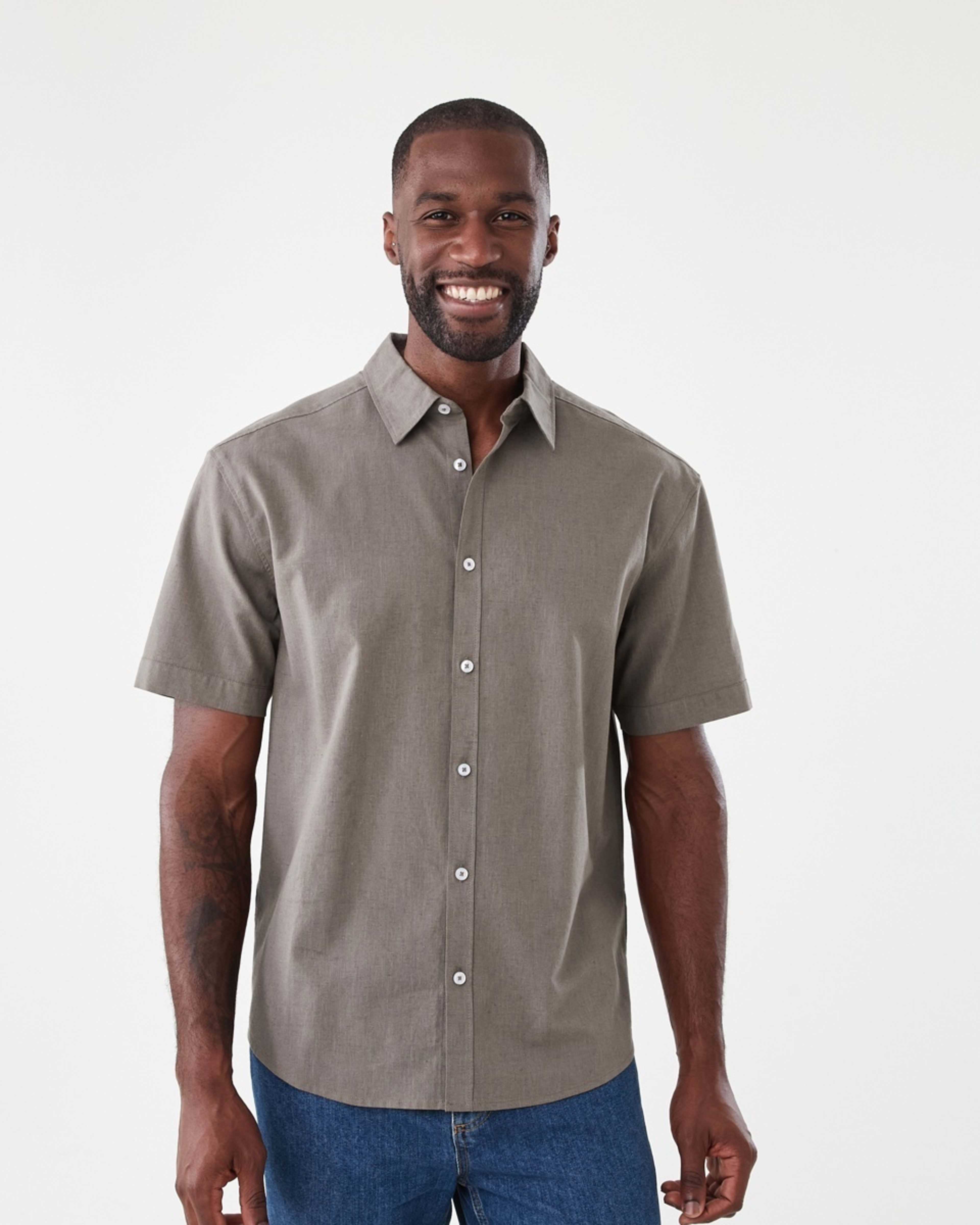 1 Short Sleeve Cotton Linen Shirt EAGLE BROWN