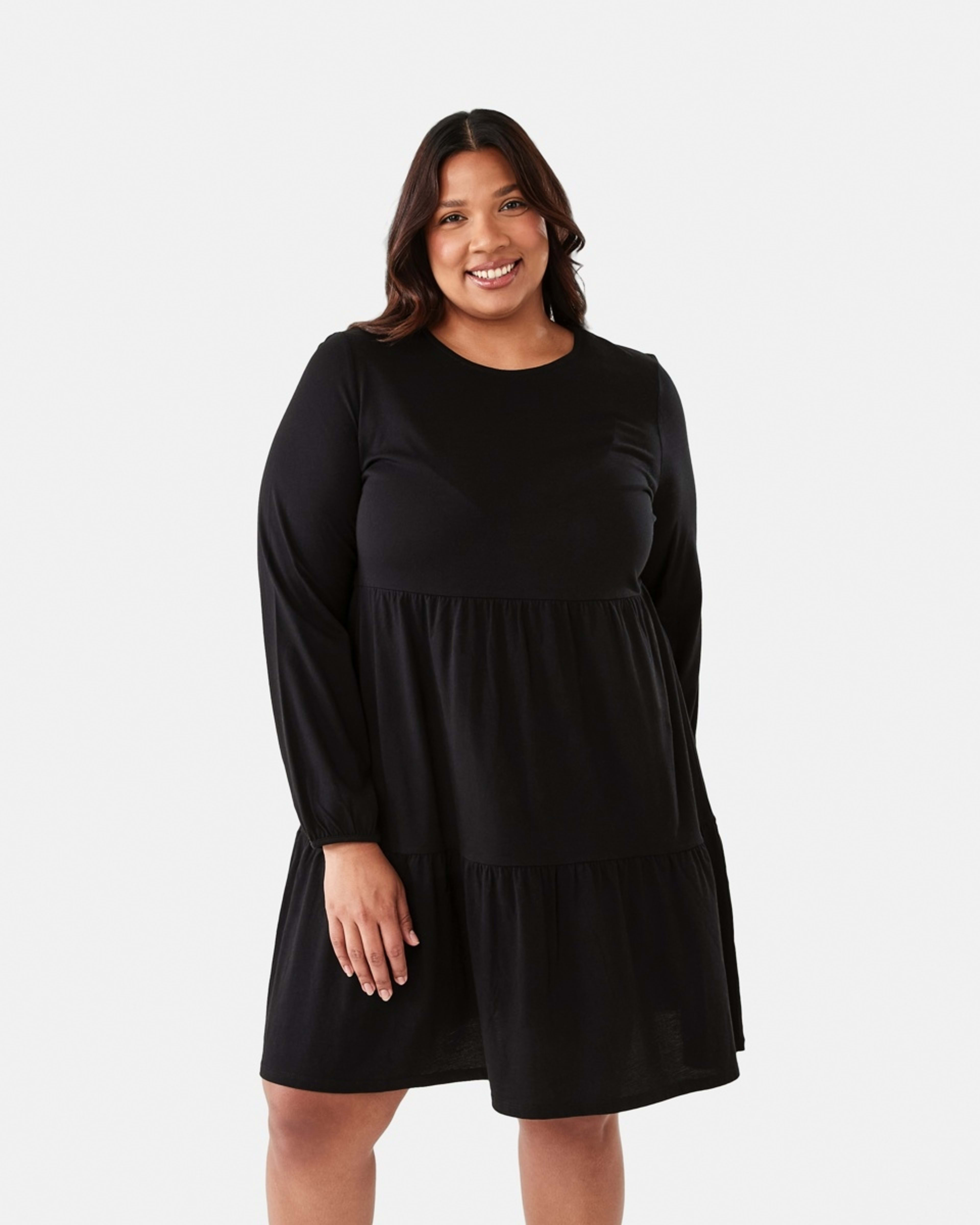 1 Curve Long Sleeve Frill Hem Dress Black