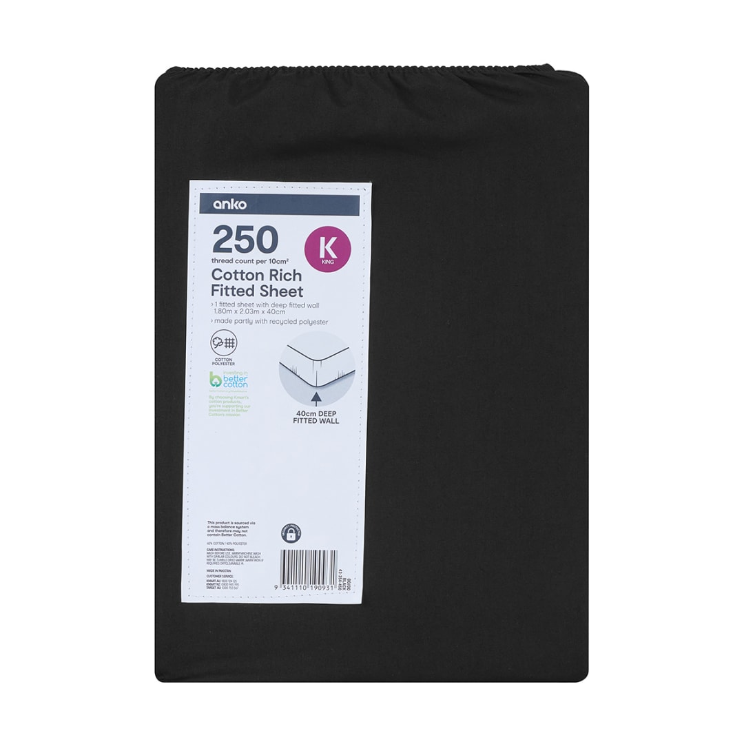 250 Thread Count Cotton Rich Fitted Sheet King Bed, Black Kmart NZ