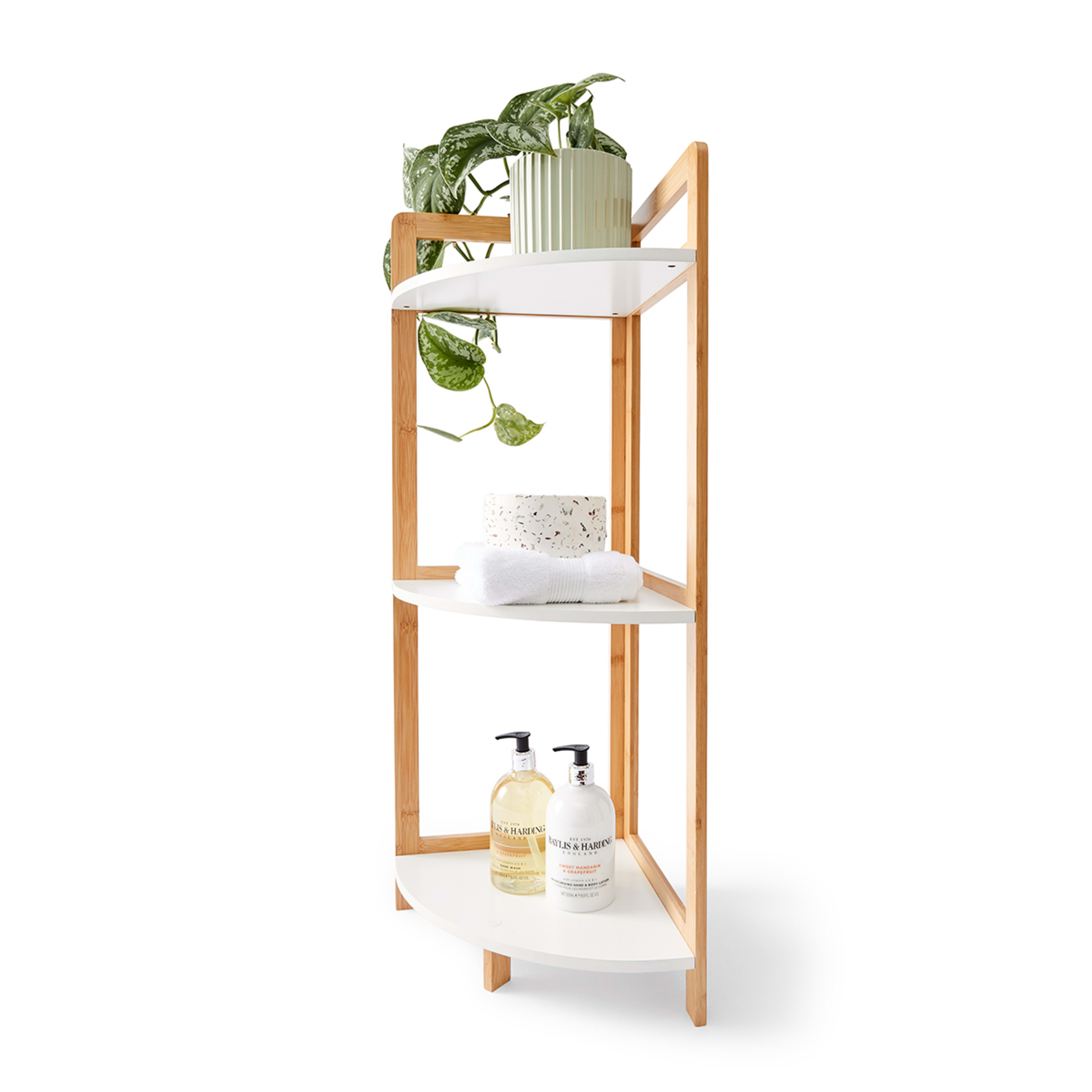 1 Bamboo and White 3 Tier Corner Shelf
