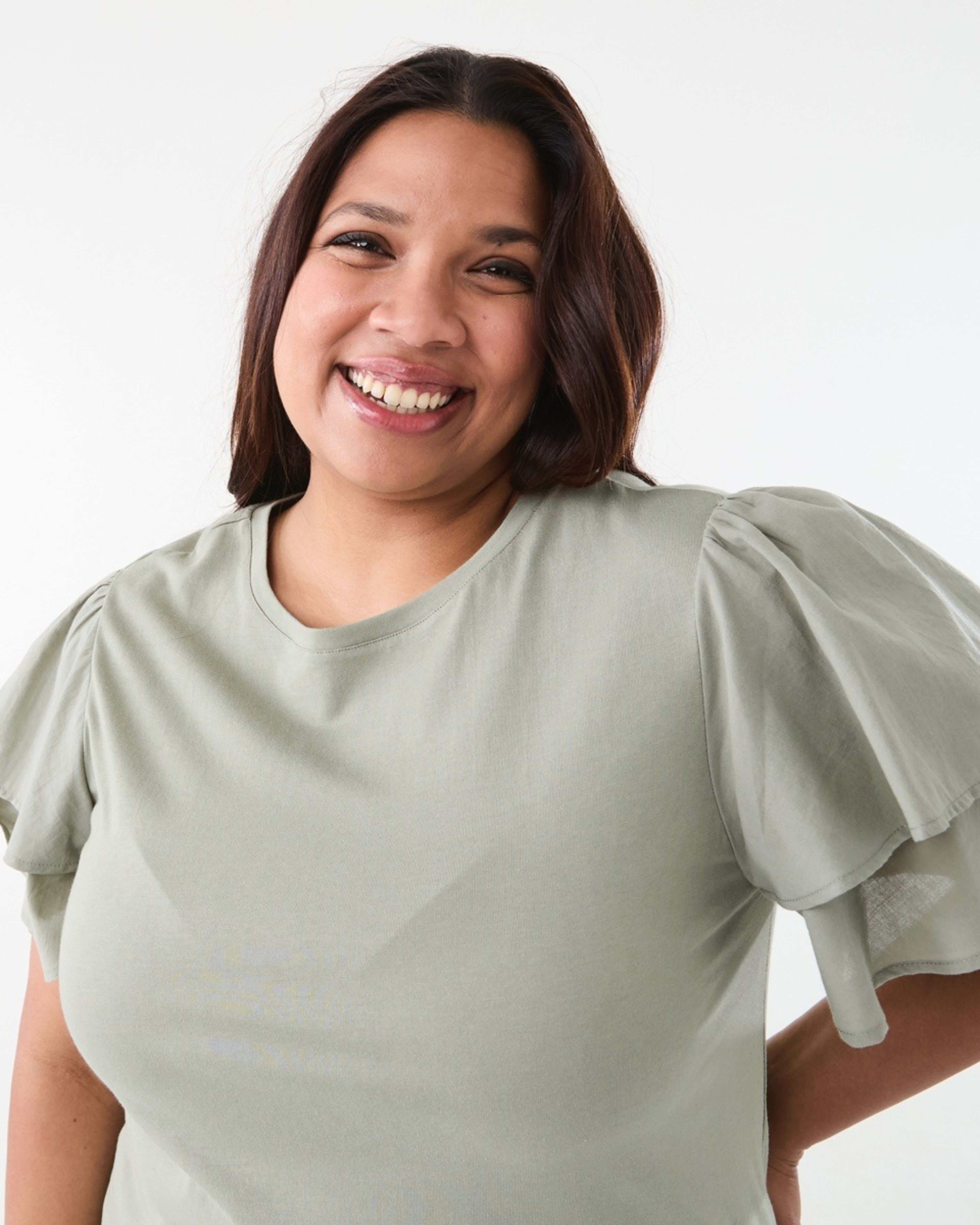 4 Curve Short Woven Sleeve Knit Top Soft Khaki, 4 of 6