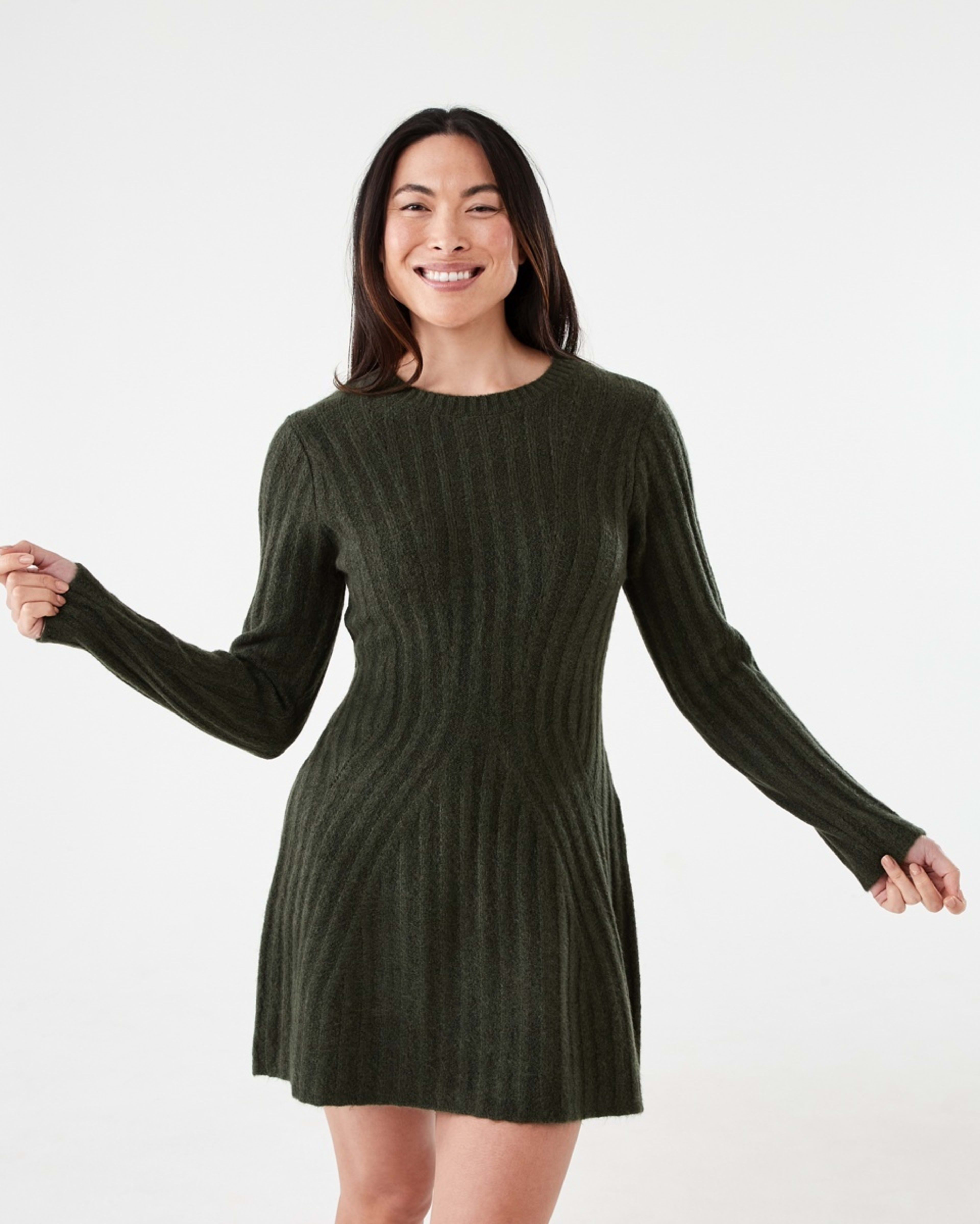1 Long Sleeve Rib True Knit Skater Mini Dress Cargo Grn, 1 of 6