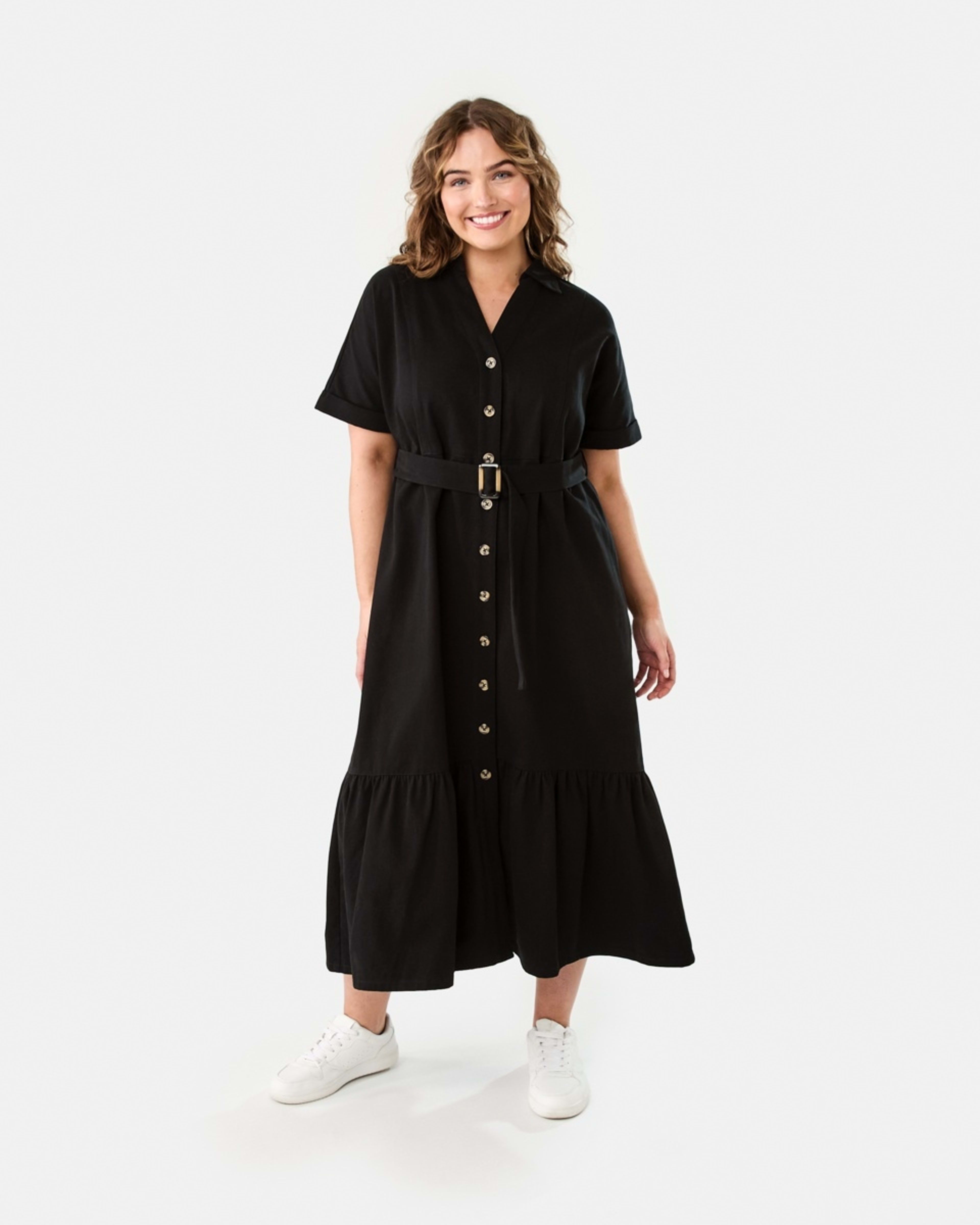 1 Short Sleeve Denim Button Through Midi Dress BLACK, 1 of 9