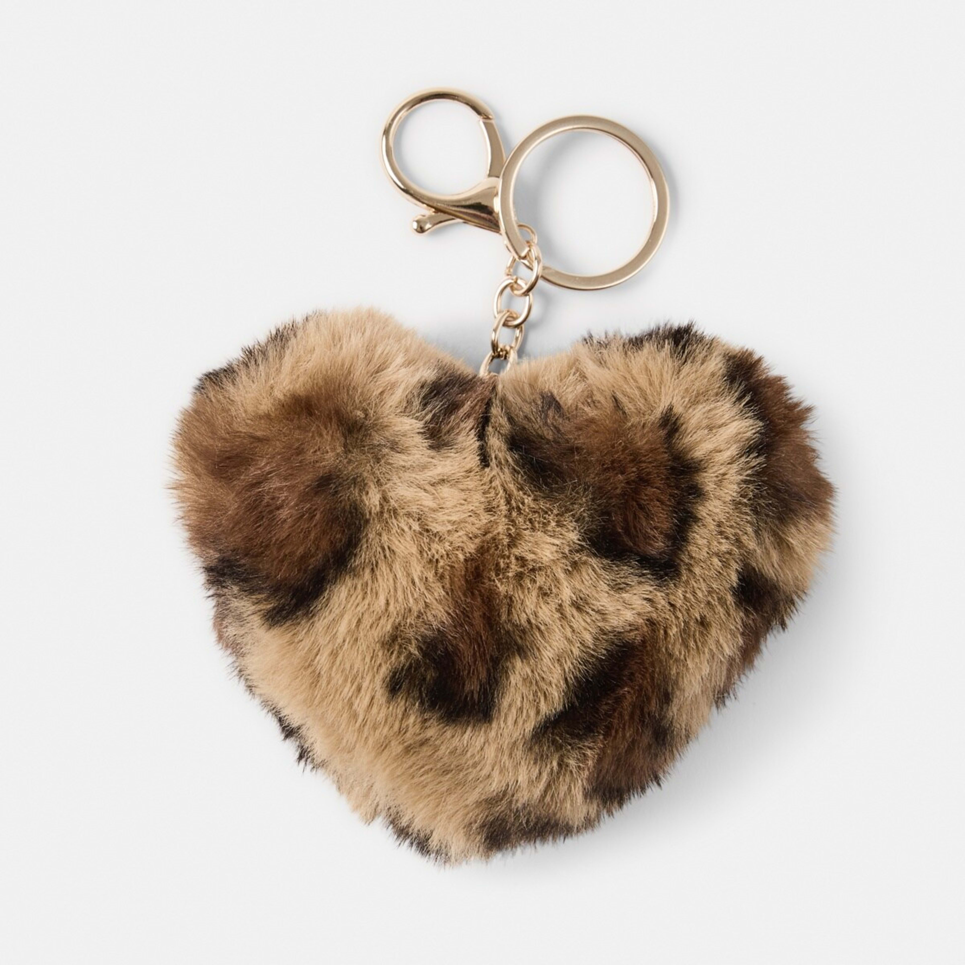 1 Fluffy Leopard Heart Keyring - Brown and Gold Tone