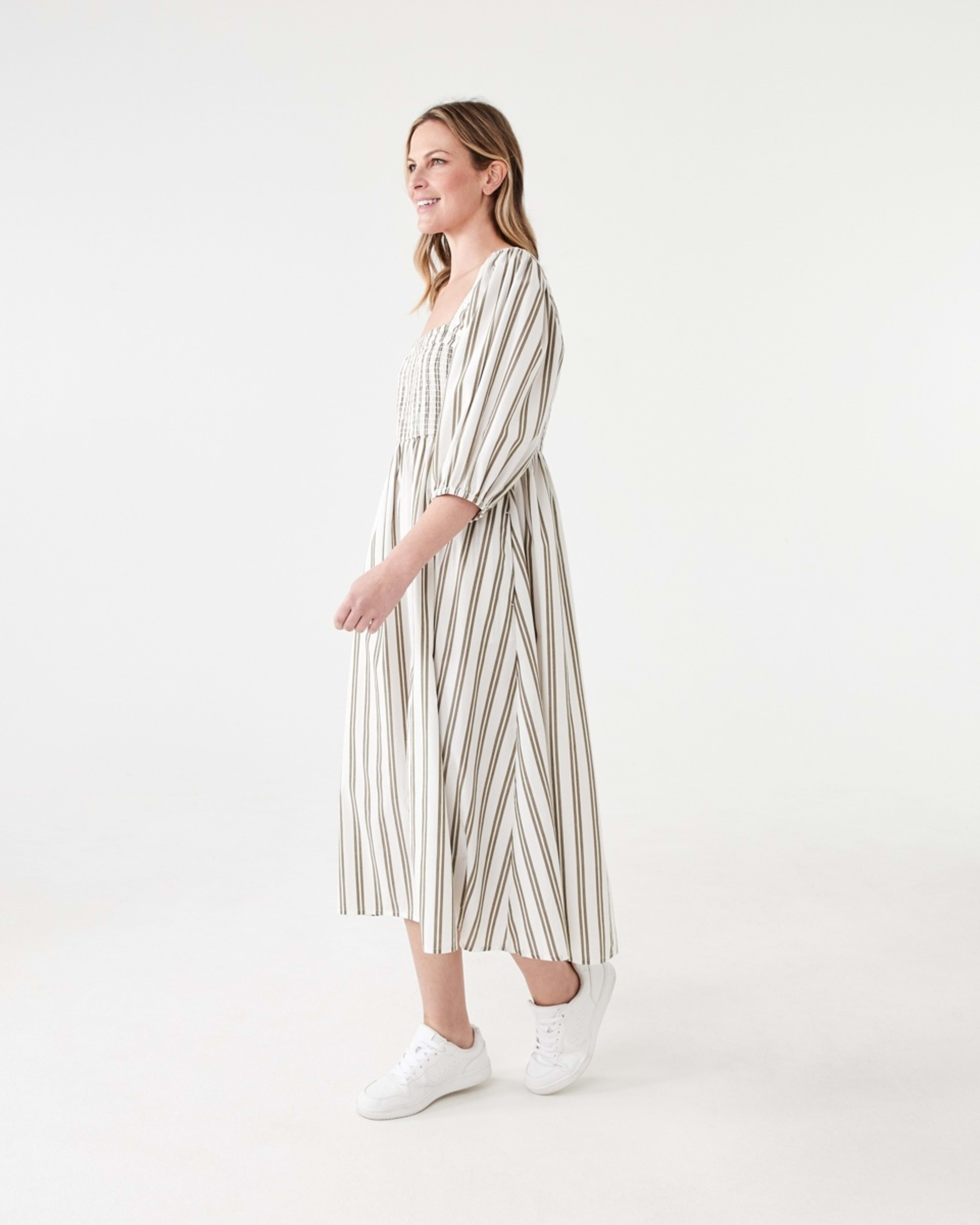 2 Short Sleeve Shirred Bodice Midi Dress TAYLOR STRIPE BURNT OLIVE, 2 of 6