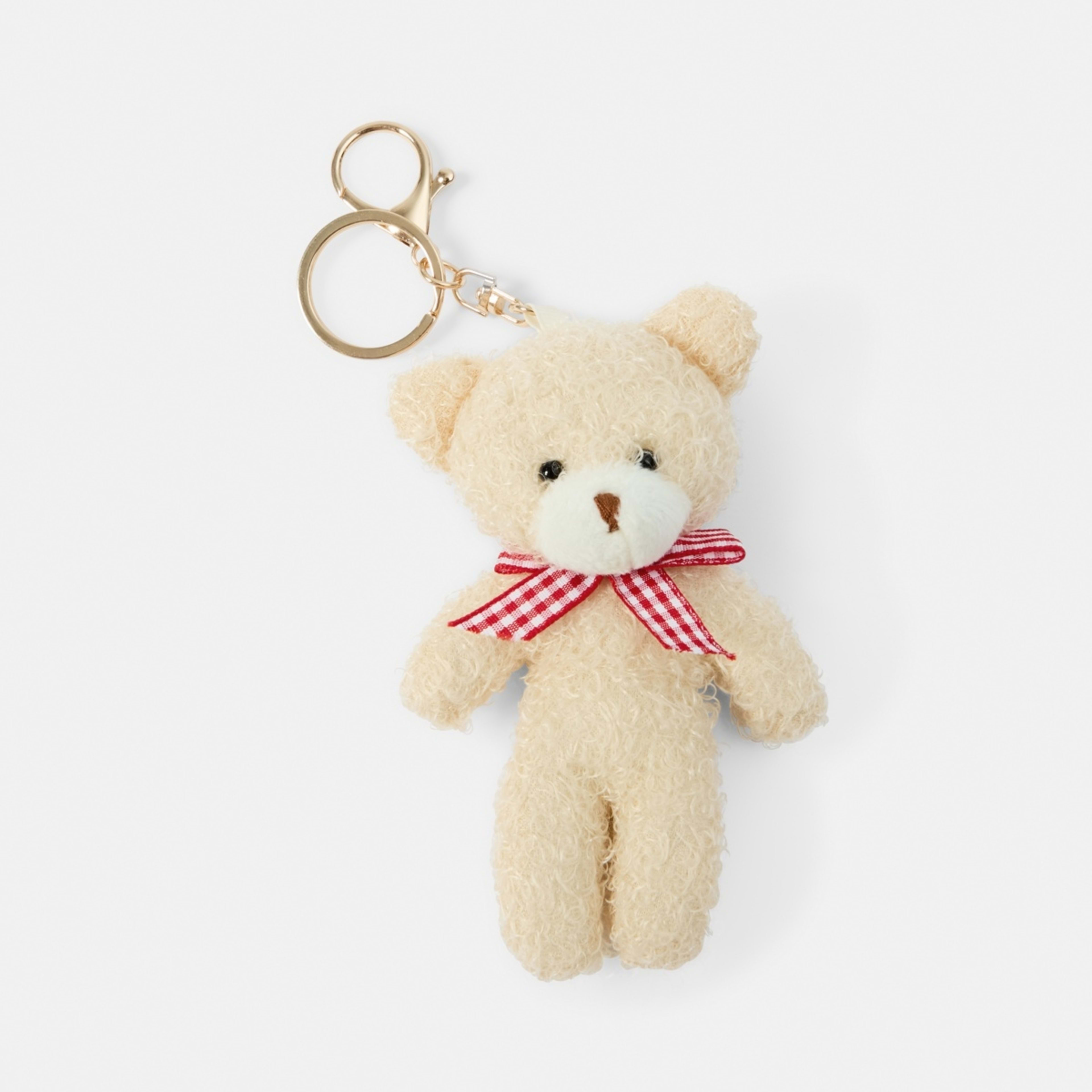 1 Bear Charm Keyring - Beige, Gold Tone, Red and White