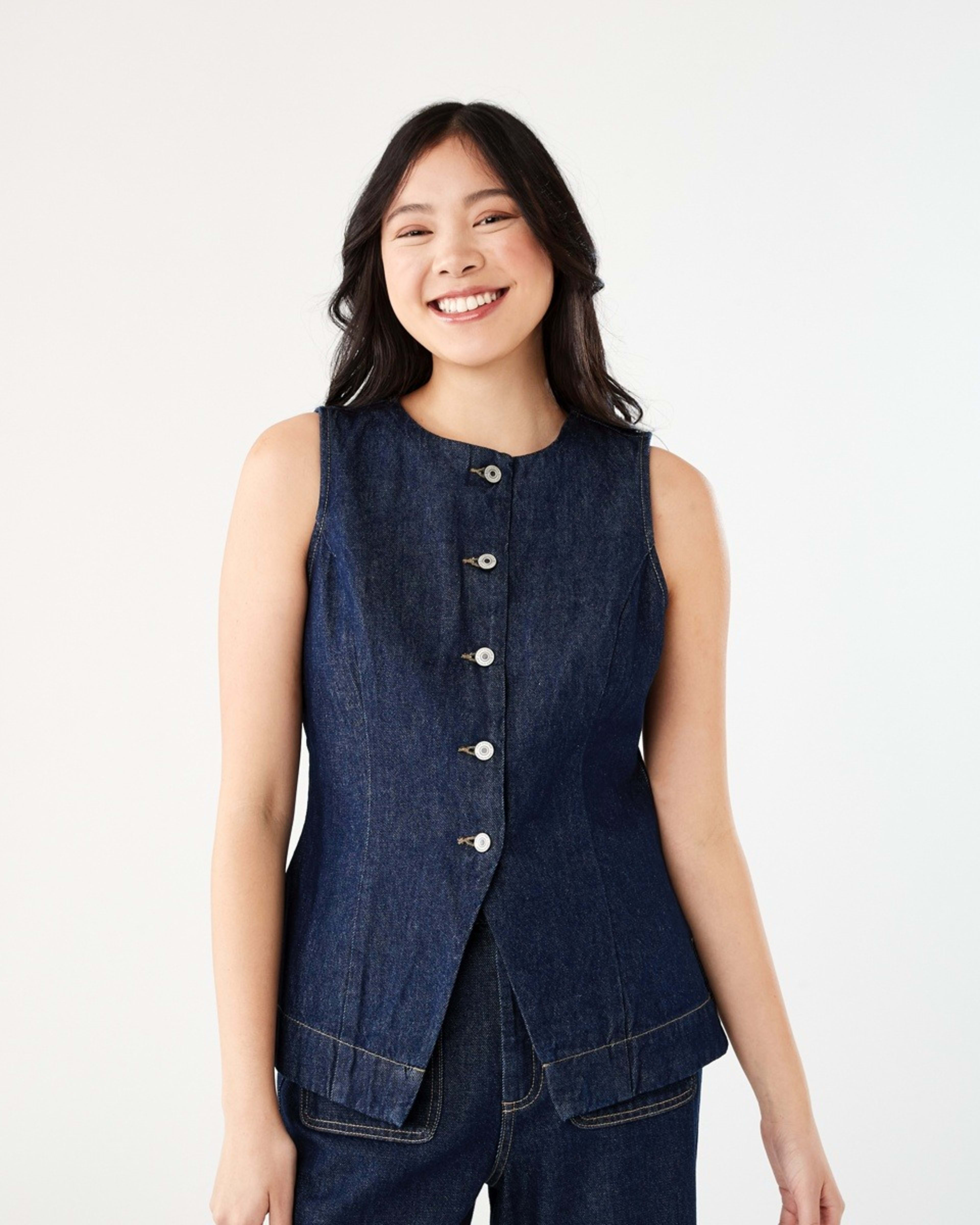 1 Sleeveless Longline Denim Vest INDIGO WASH, 1 of 8
