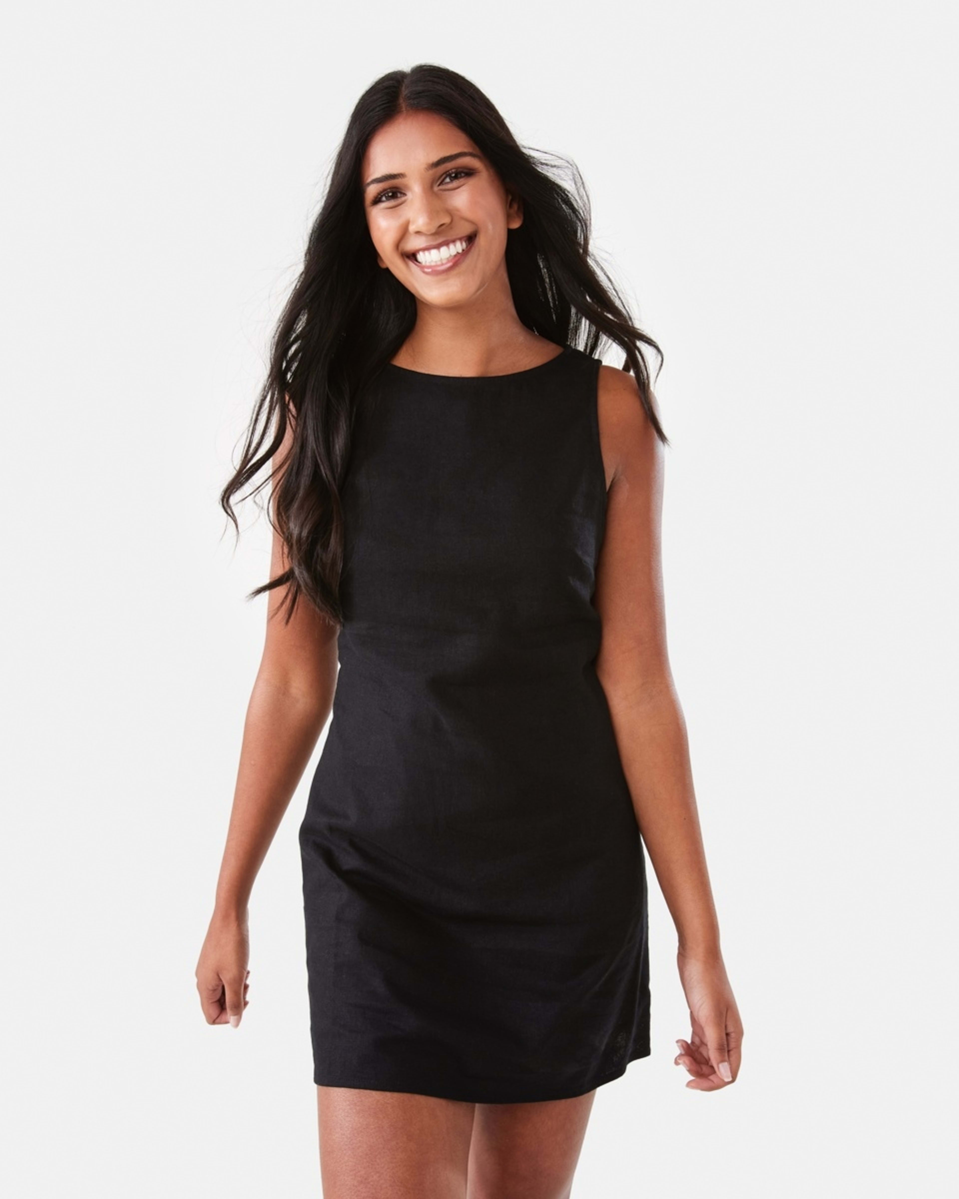 1 Sleeveless Boat Neck Linen Blend Mini Dress Black, 1 of 10
