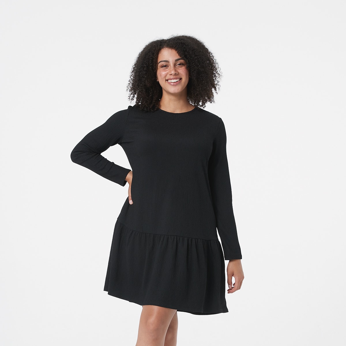 Long Sleeve Drop Waist Textured Dress 