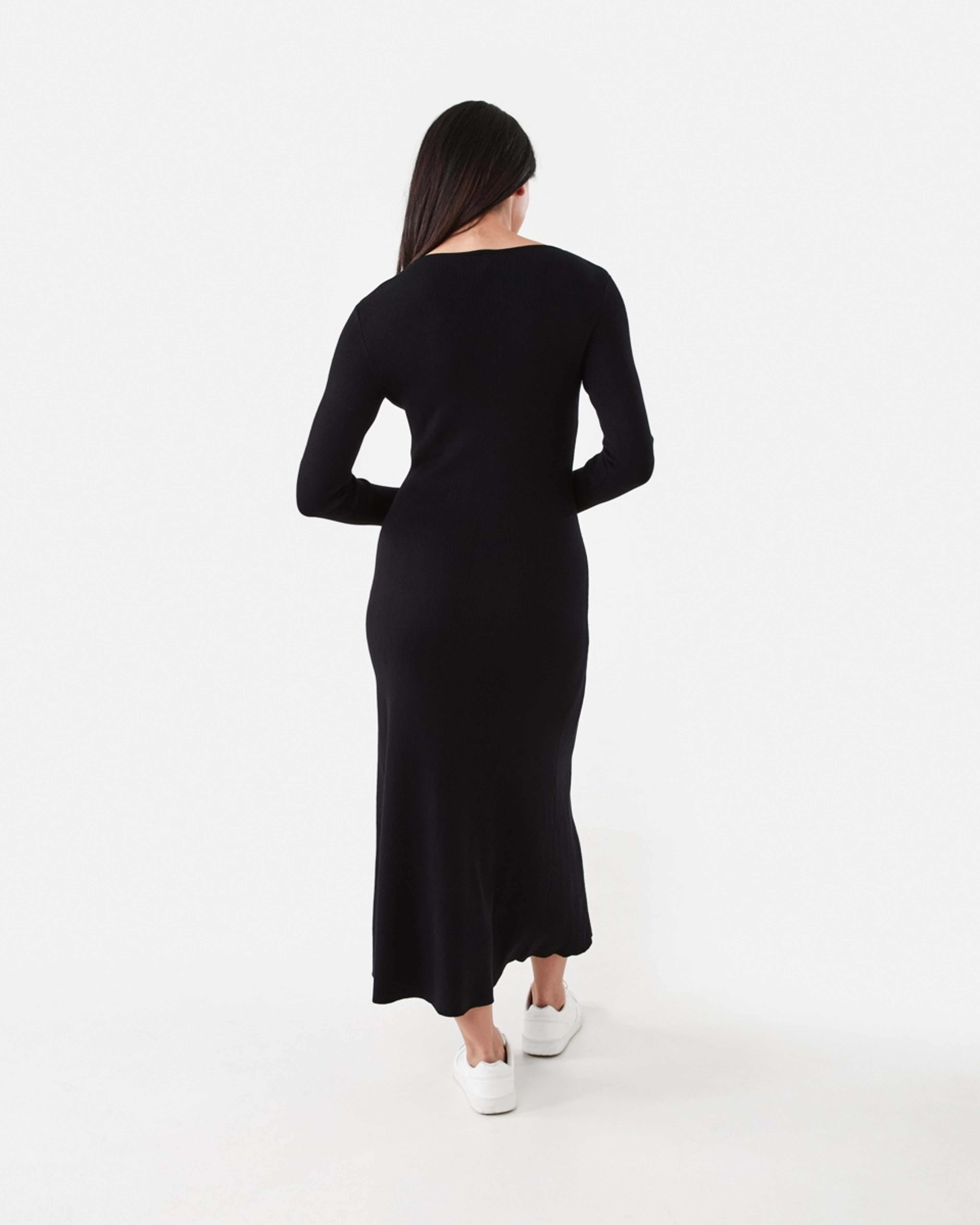 3 Long Sleeve Button Through Knit Maxi Dress Black, 3 of 6