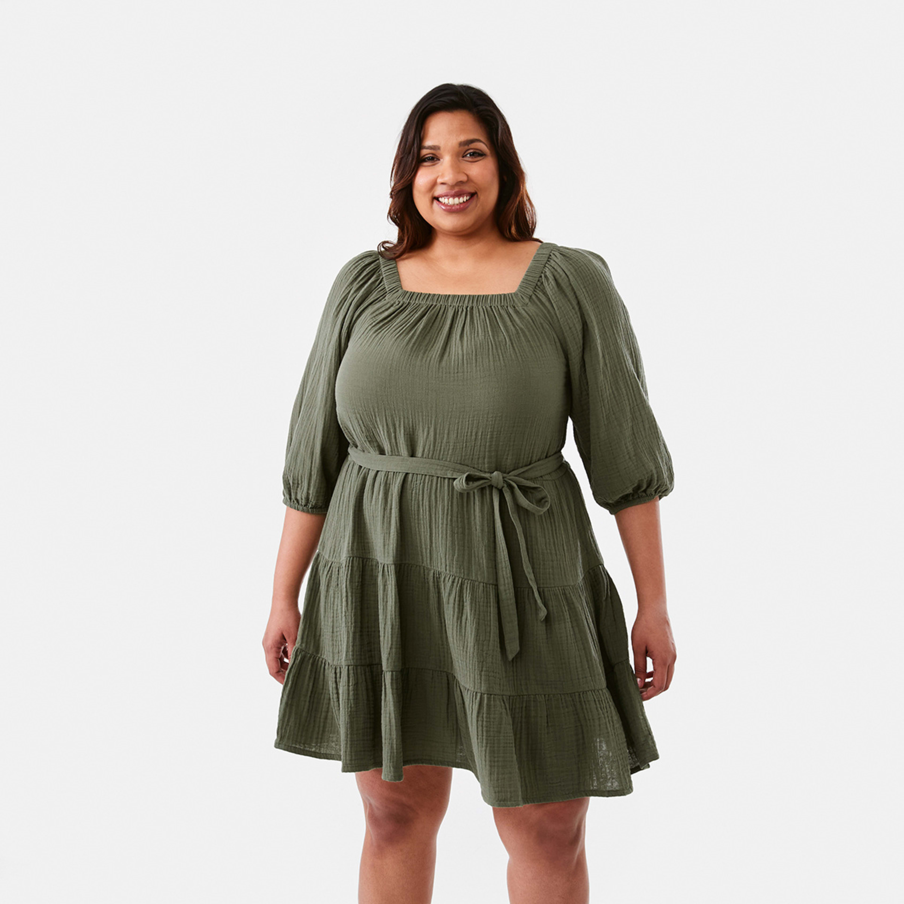 1 Curve Short Sleeve Textured Tiered Mini Dress Olive Leaf, 1 of 8