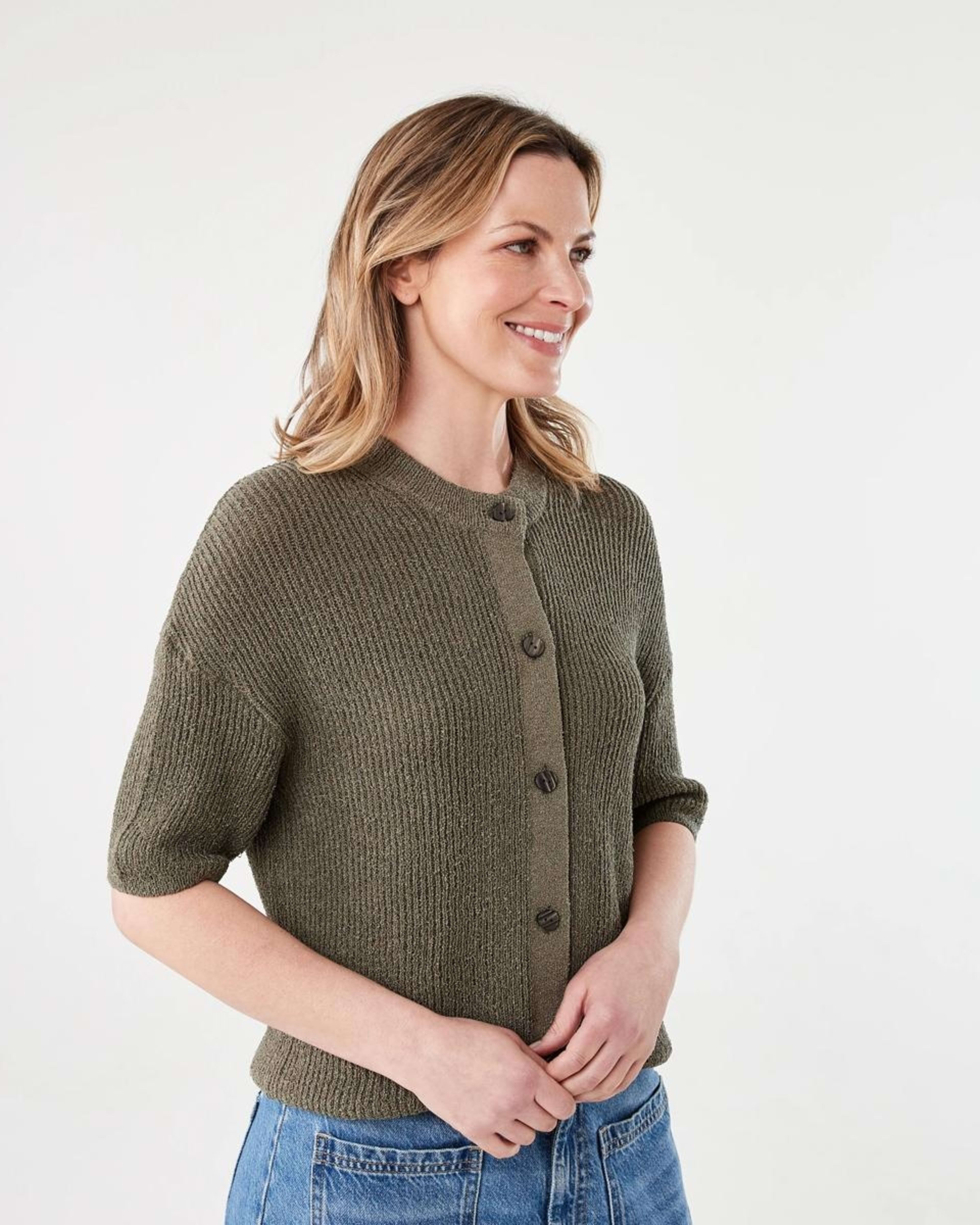 2 Short Sleeve Button Up Cardigan BURNT OLIVE, 2 of 5