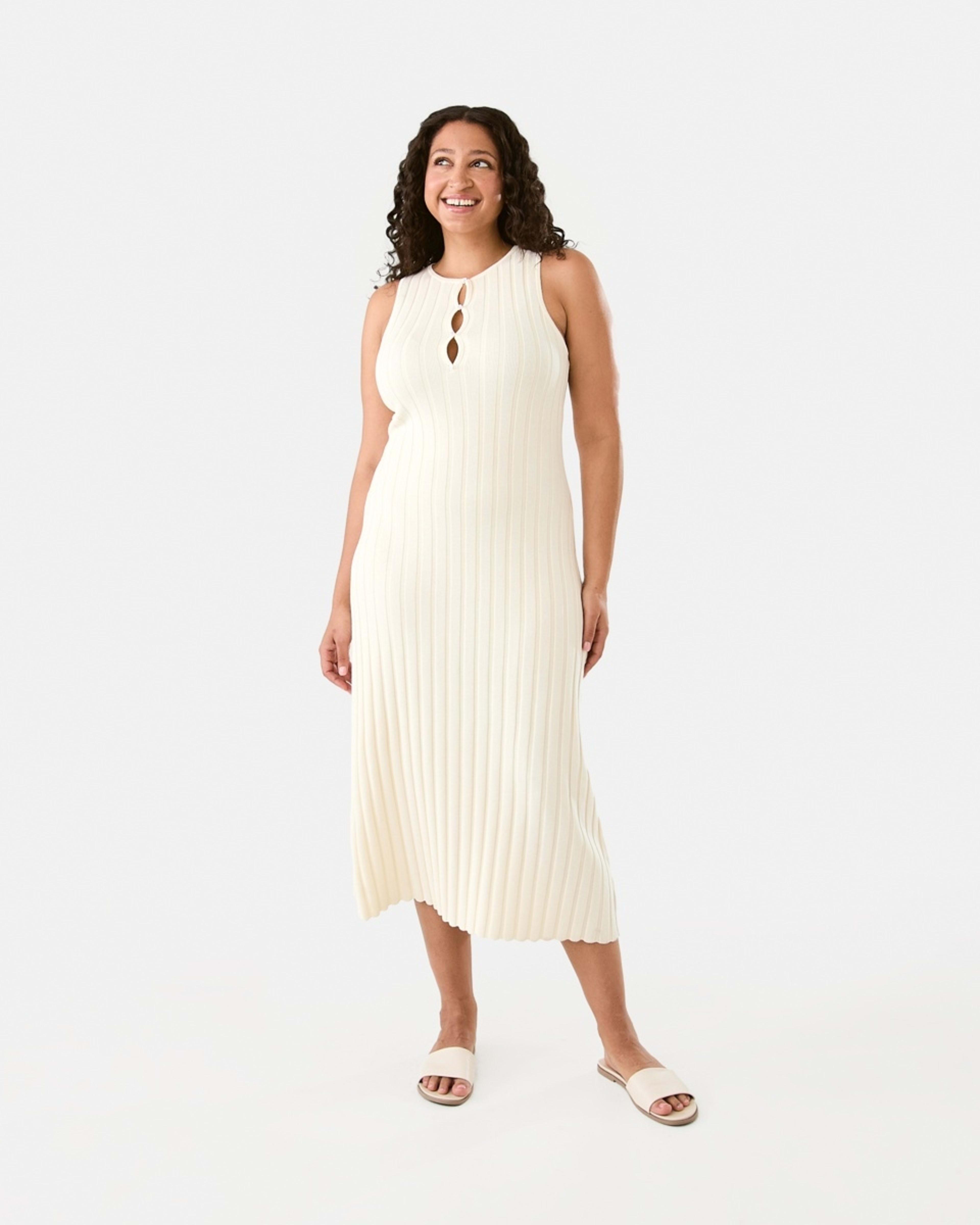 1 Sleeveless Keyhole Knit Midi Dress Ecru, 1 of 6