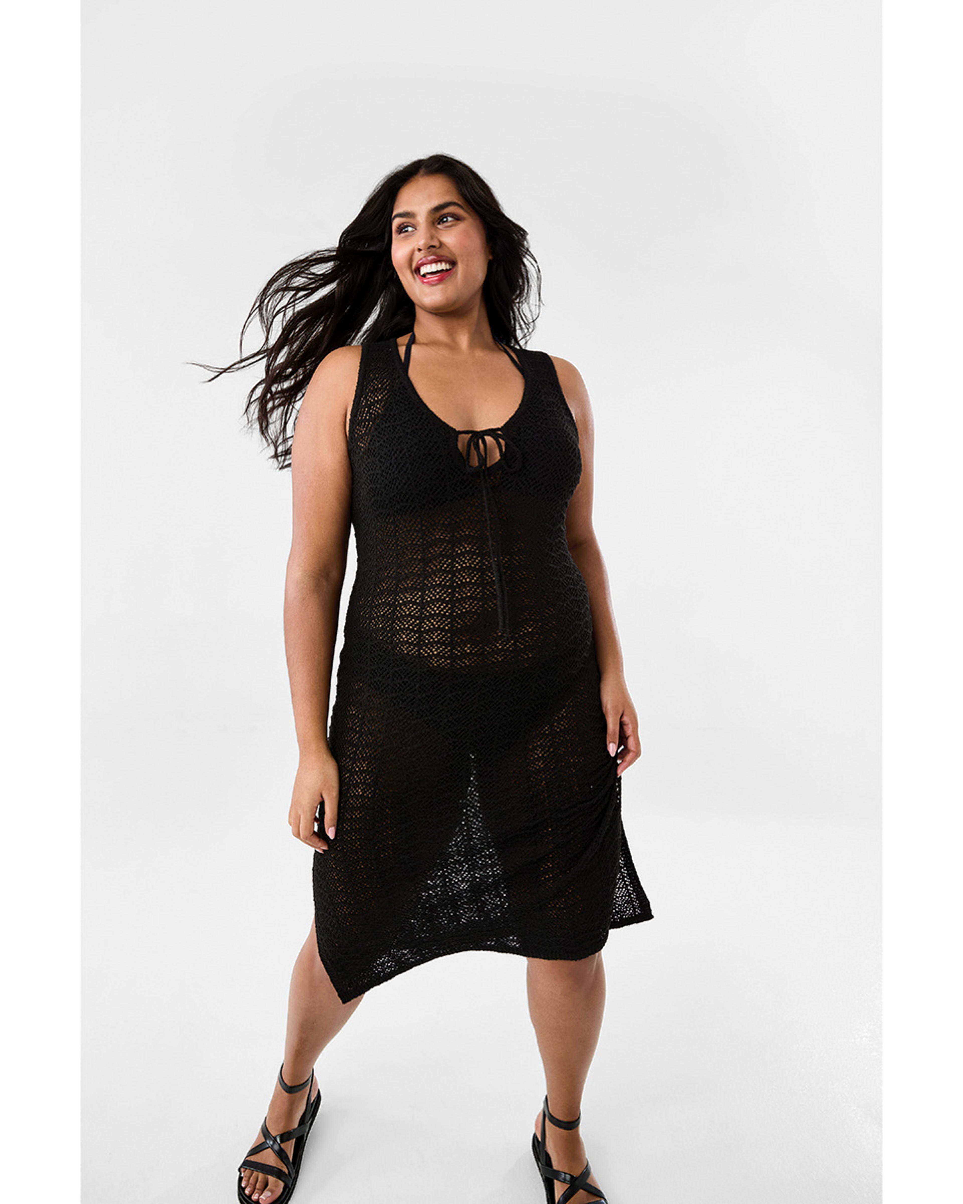 10 Sleeveless Wave Crochet Midi Dress Black, 10 of 10