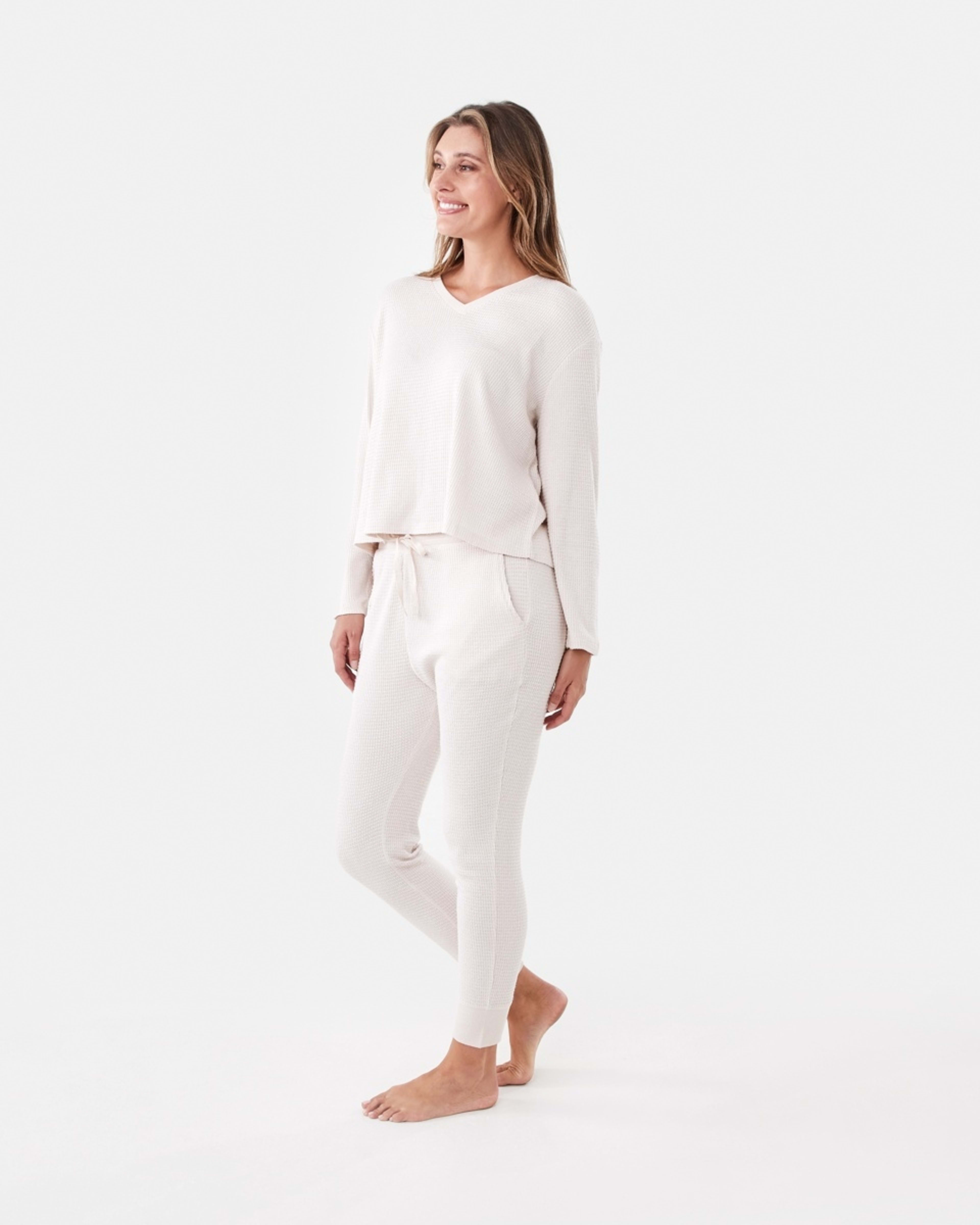 2 Waffle Long Sleeve Top and Pants Lounge Pyjama Set Beige Mrl, 2 of 7