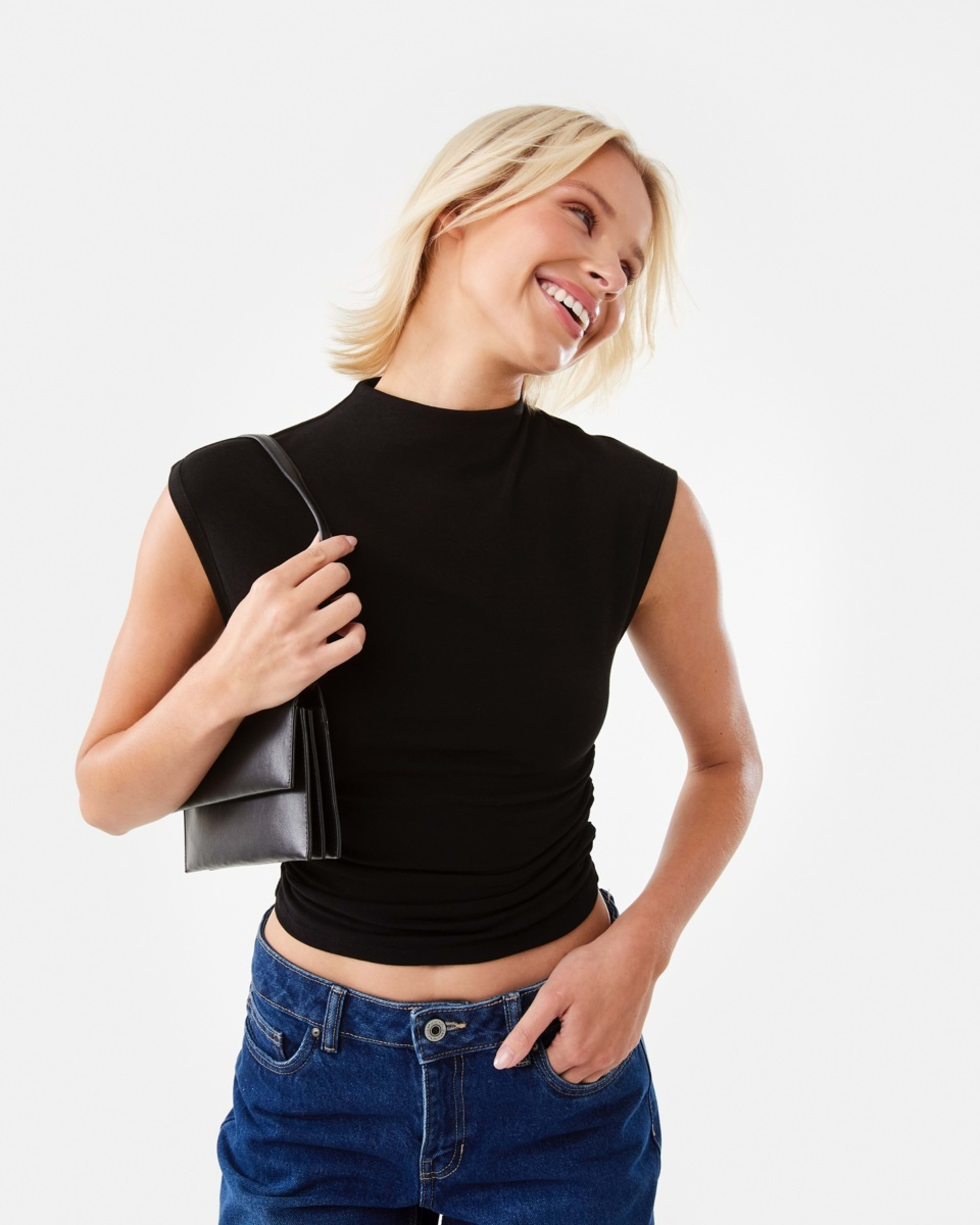 10 Sleeveless Mock Neck Ruched Top Black, 10 of 10