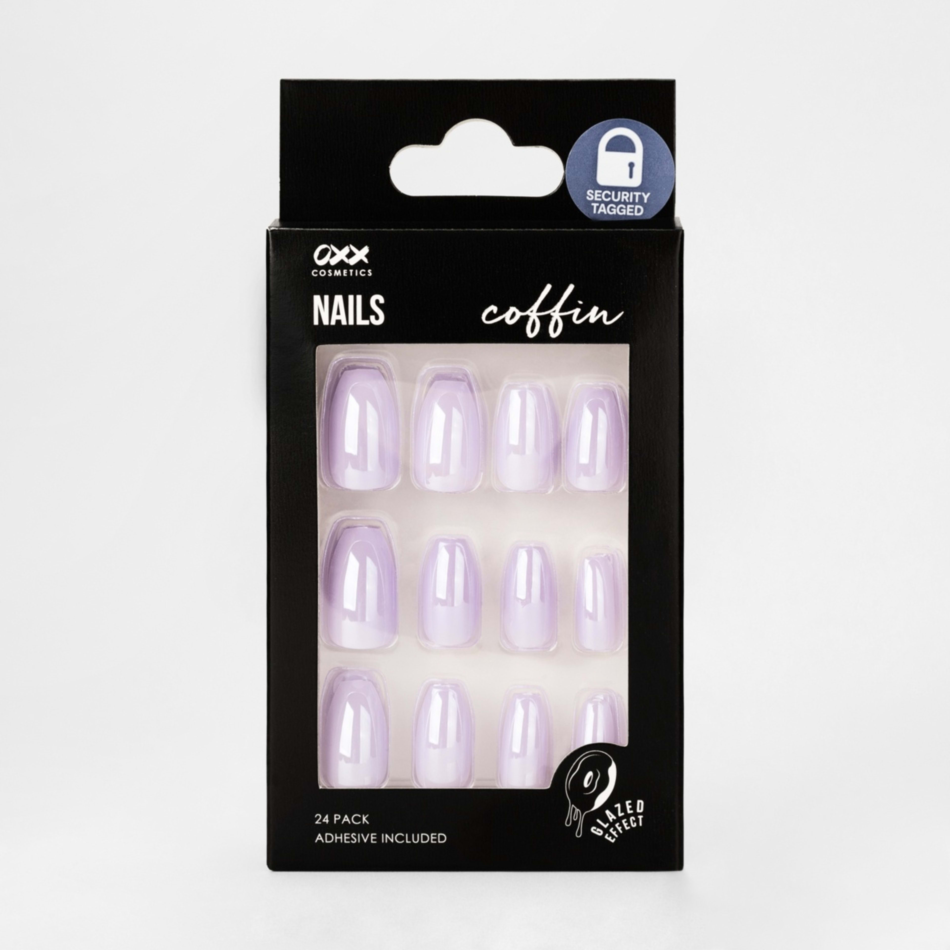 1 OXX Cosmetics 24 Pack False Nails with Adhesive - Coffin Shape, Glazed Effect